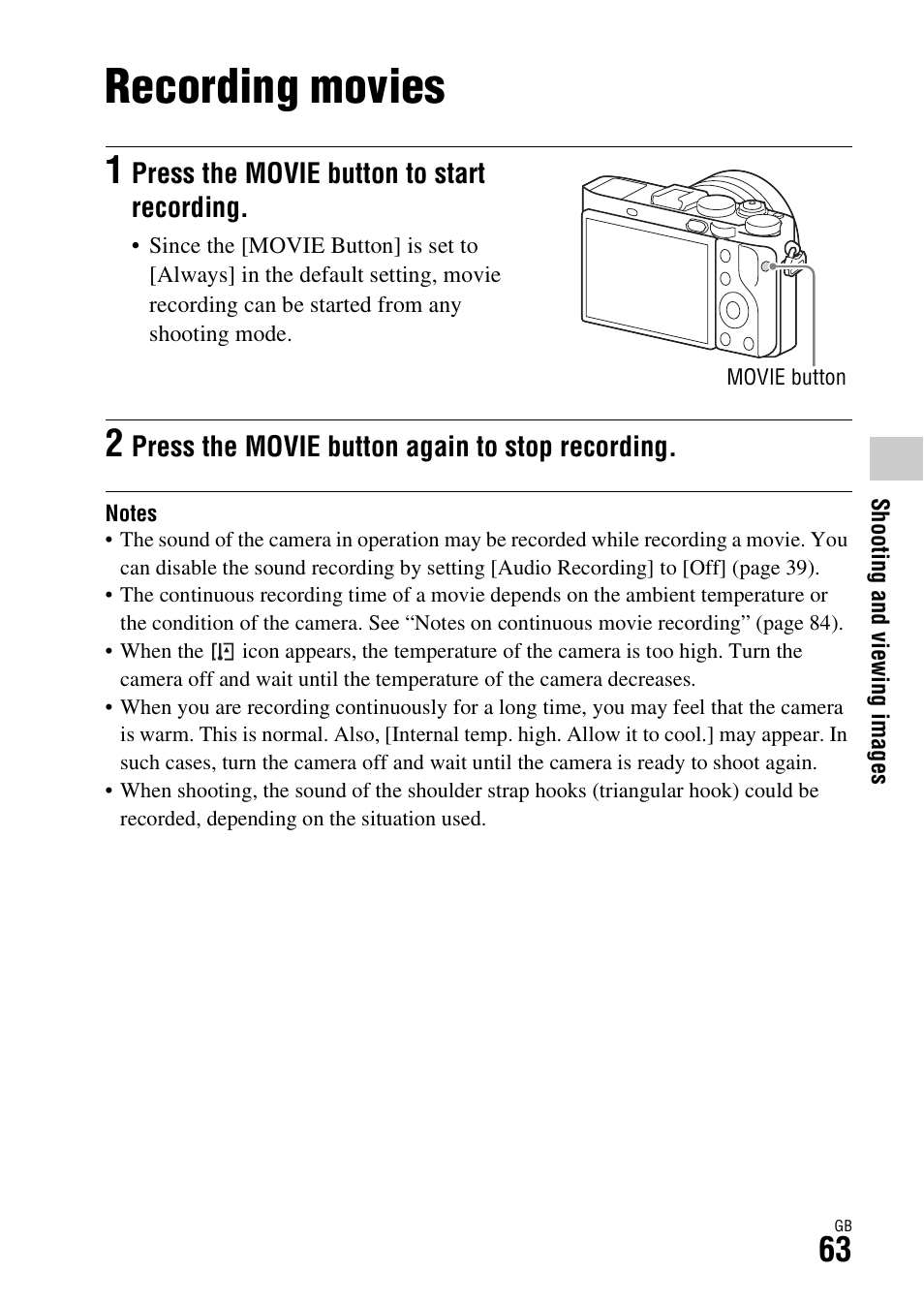 Recording movies, On (63) | Sony Battery and Travel DC Charger Kit with NP-BX1 Battery User Manual | Page 63 / 92
