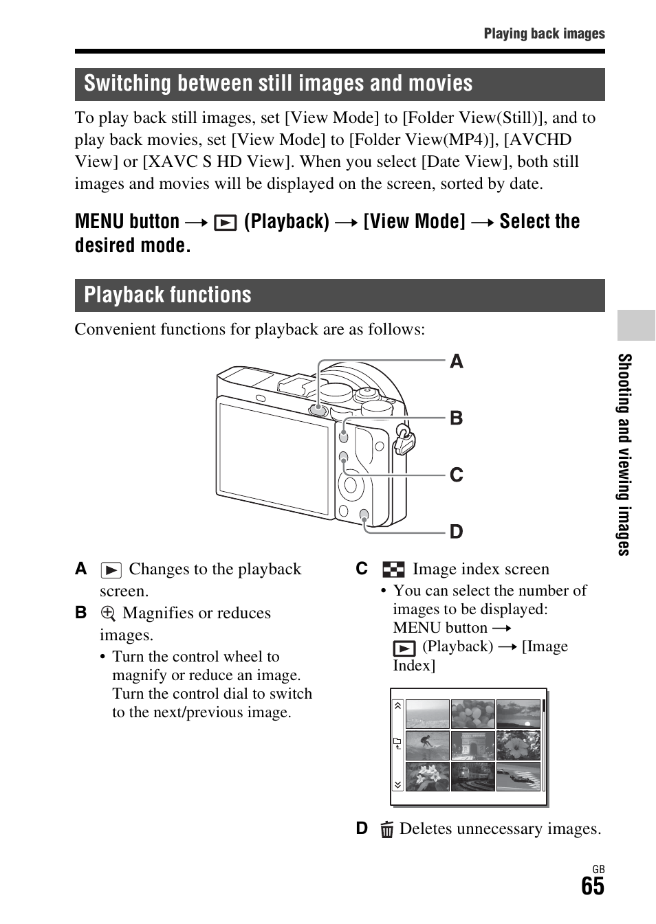 Switching between still images and movies, Playback functions, Ode (65) | Tton (65) | Sony Battery and Travel DC Charger Kit with NP-BX1 Battery User Manual | Page 65 / 92