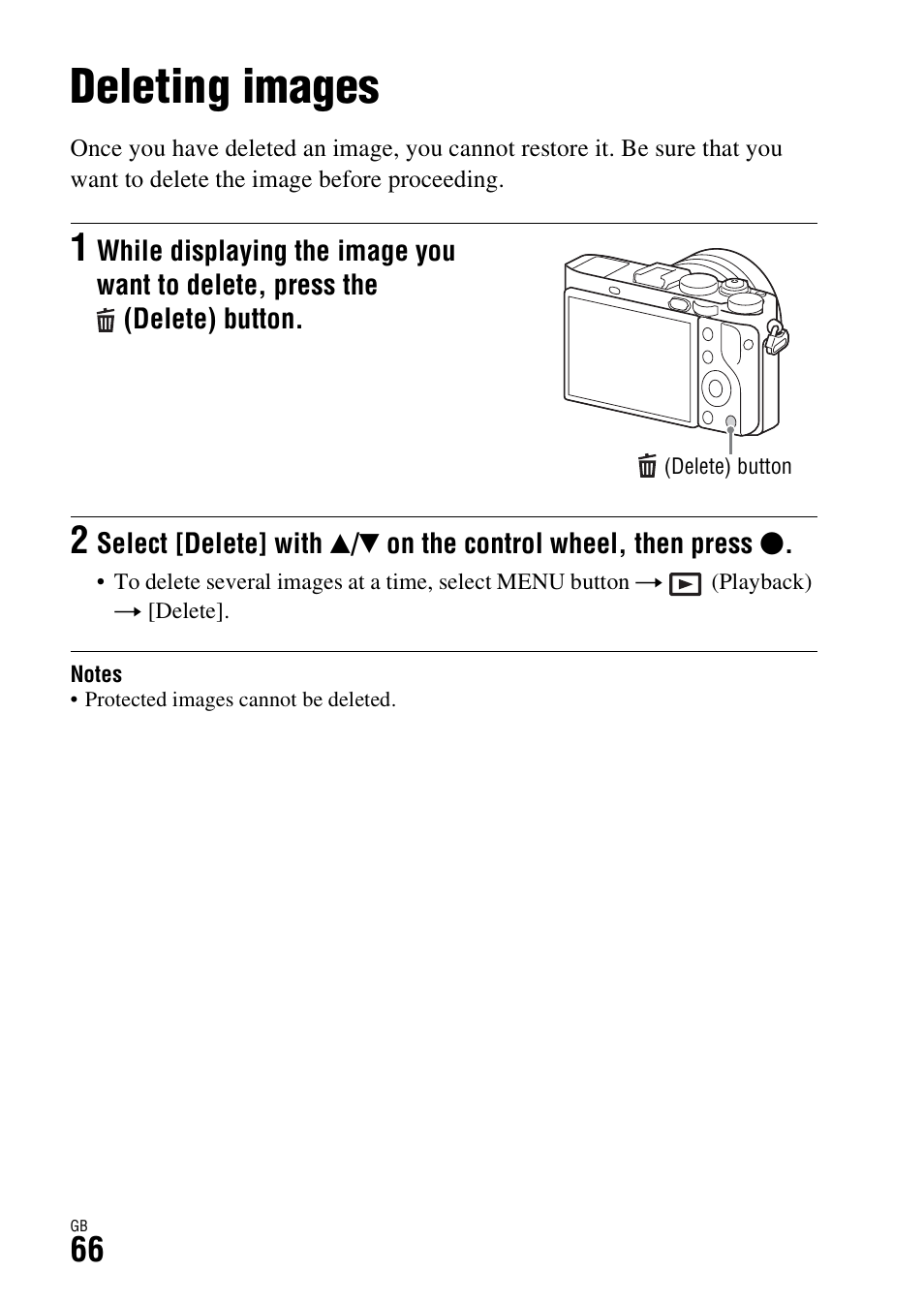 Deleting images, Button (66) | Sony Battery and Travel DC Charger Kit with NP-BX1 Battery User Manual | Page 66 / 92