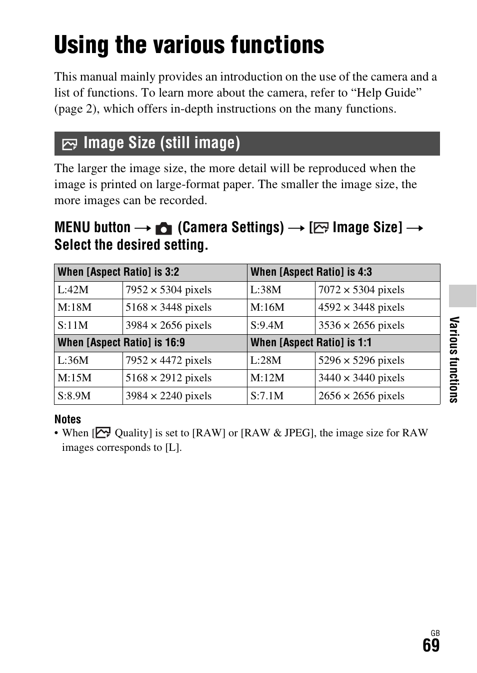 Various functions, Using the various functions, Image size (still image) | Menu button t (camera settings) t, Image size] t select the desired setting | Sony Battery and Travel DC Charger Kit with NP-BX1 Battery User Manual | Page 69 / 92