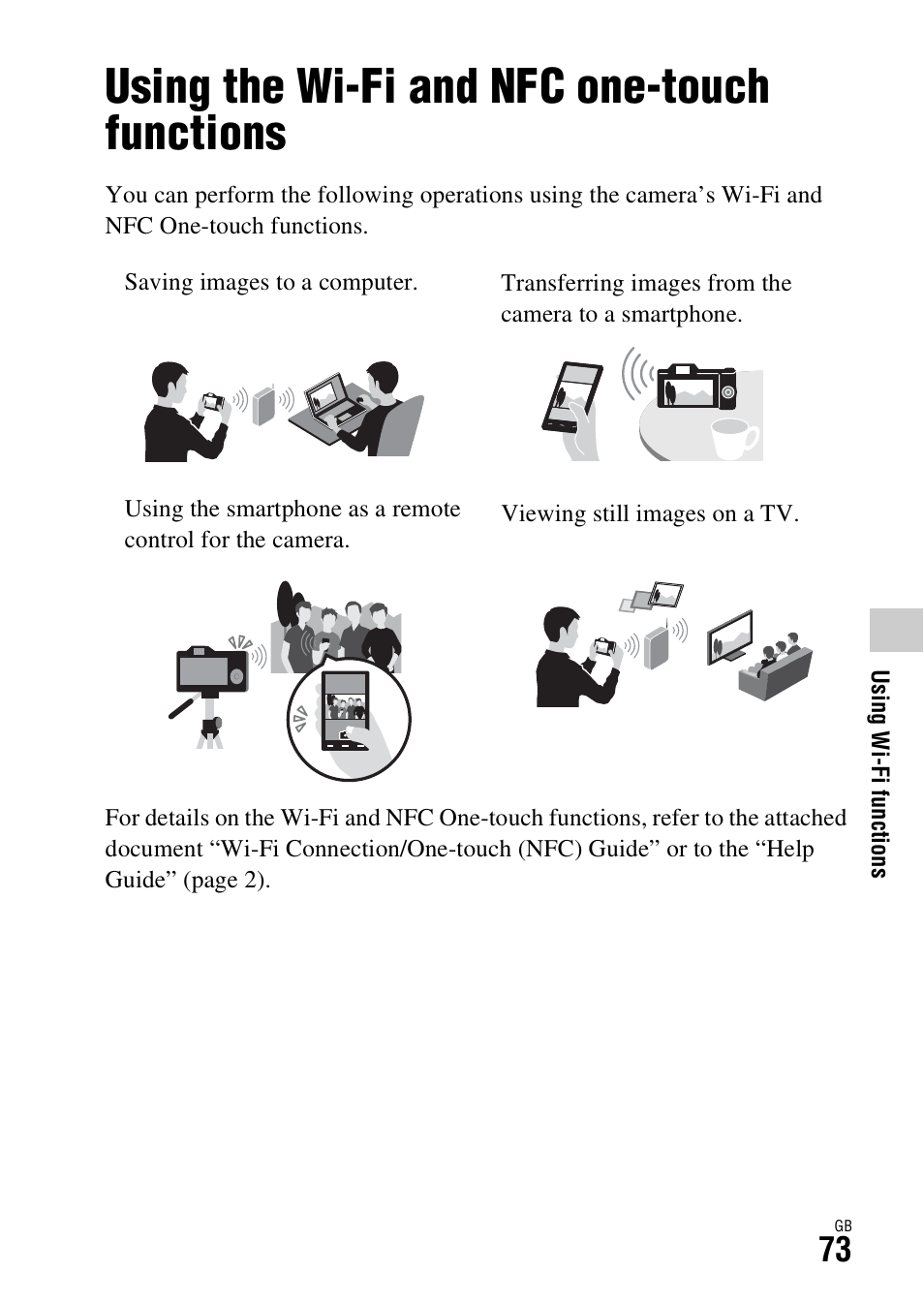 Using wi-fi functions, Using the wi-fi and nfc one-touch functions | Sony Battery and Travel DC Charger Kit with NP-BX1 Battery User Manual | Page 73 / 92
