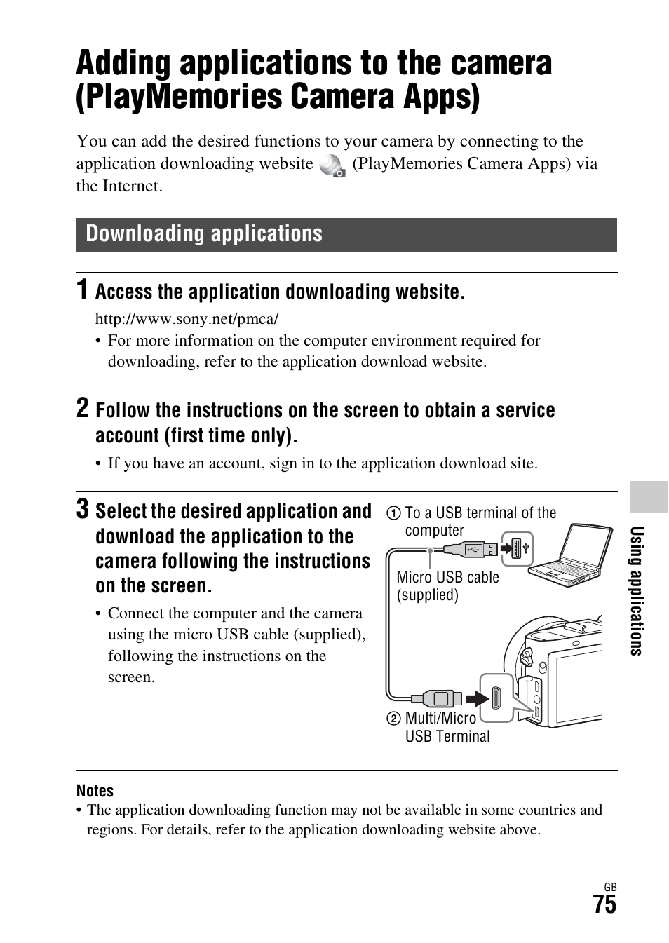Using applications, Downloading applications, Adding applications to the camera | Playmemories camera apps) downloading applications | Sony Battery and Travel DC Charger Kit with NP-BX1 Battery User Manual | Page 75 / 92