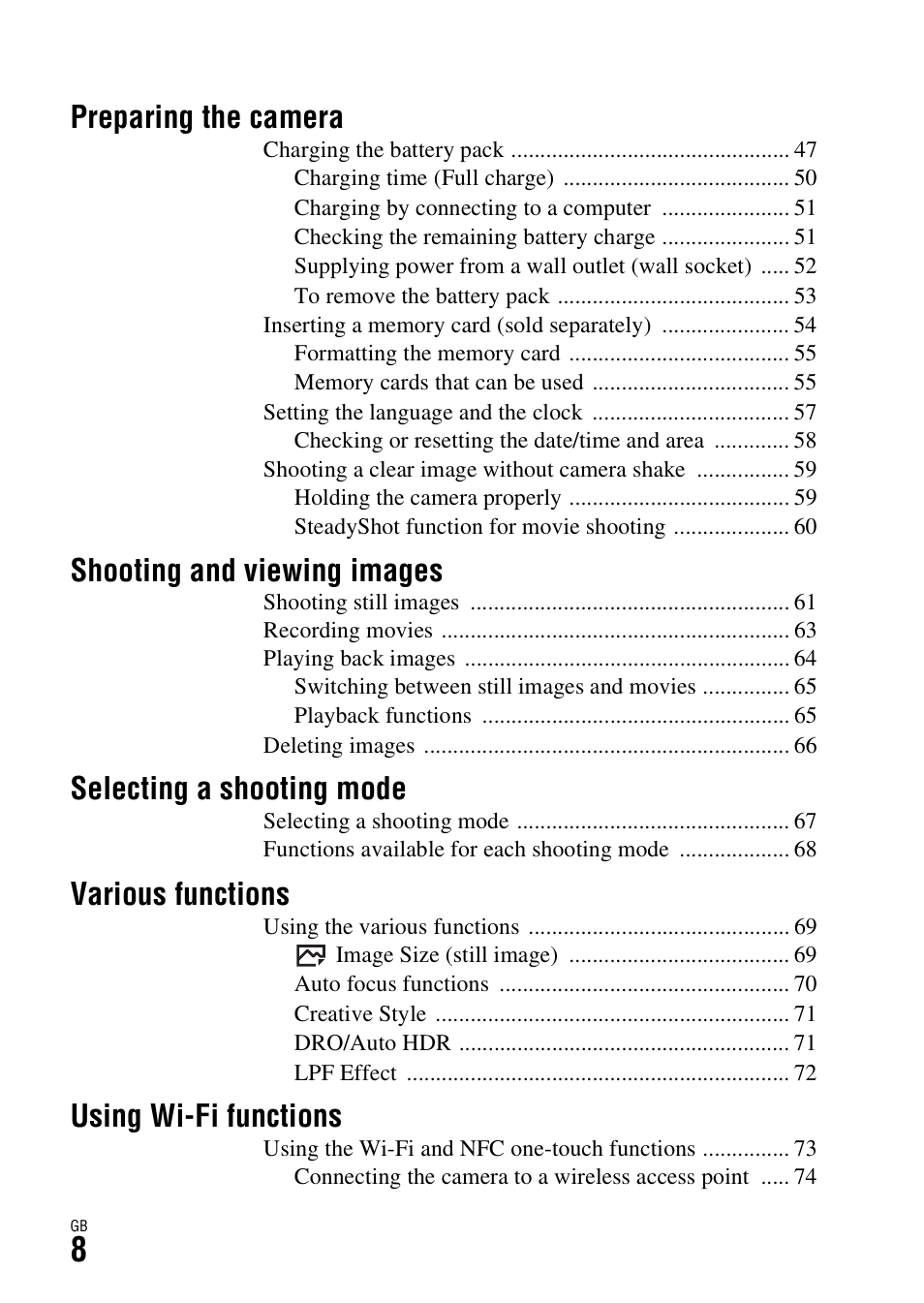 Preparing the camera, Shooting and viewing images, Selecting a shooting mode | Various functions, Using wi-fi functions | Sony Battery and Travel DC Charger Kit with NP-BX1 Battery User Manual | Page 8 / 92