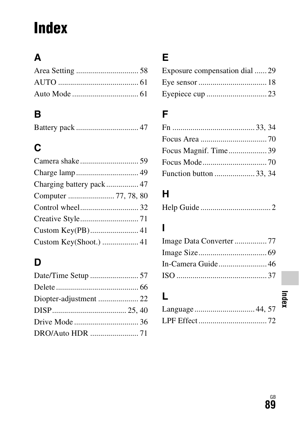 Index | Sony Battery and Travel DC Charger Kit with NP-BX1 Battery User Manual | Page 89 / 92