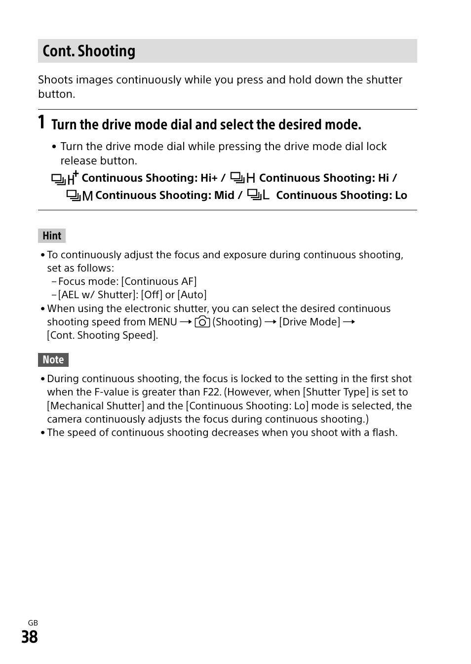 Cont. shooting | Sony ECM-674 Shotgun Microphone User Manual | Page 38 / 96