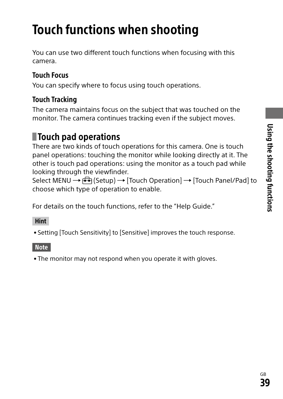 Touch functions when shooting, Touch pad operations | Sony ECM-674 Shotgun Microphone User Manual | Page 39 / 96