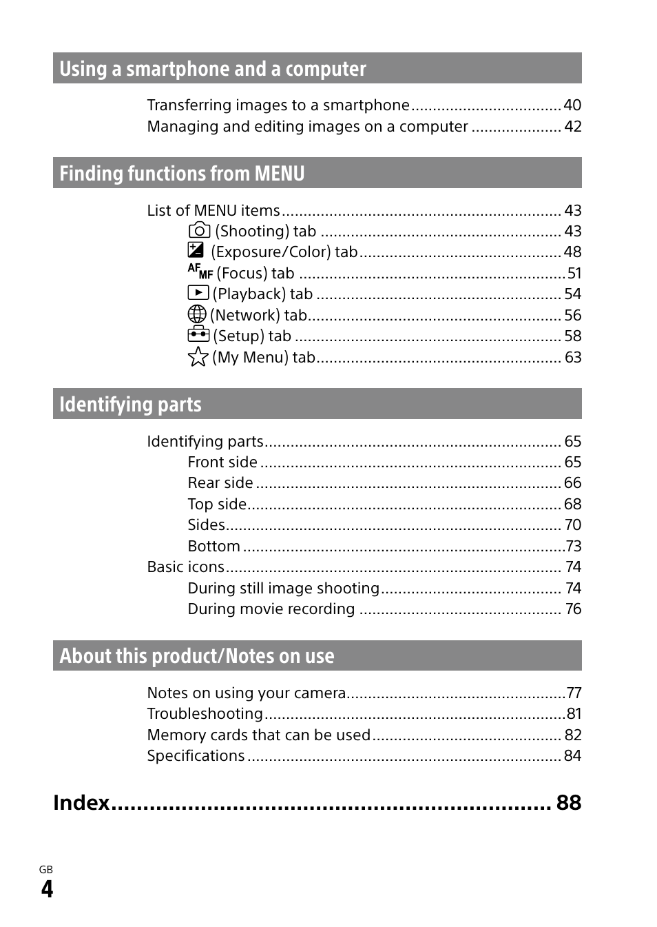 Using a smartphone and a computer, Finding functions from menu, Identifying parts | Index | Sony ECM-674 Shotgun Microphone User Manual | Page 4 / 96