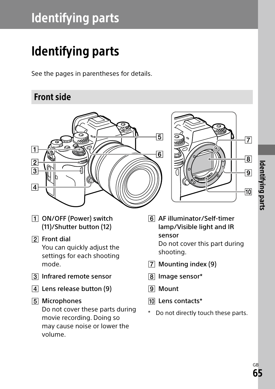 Identifying parts, Front side | Sony ECM-674 Shotgun Microphone User Manual | Page 65 / 96