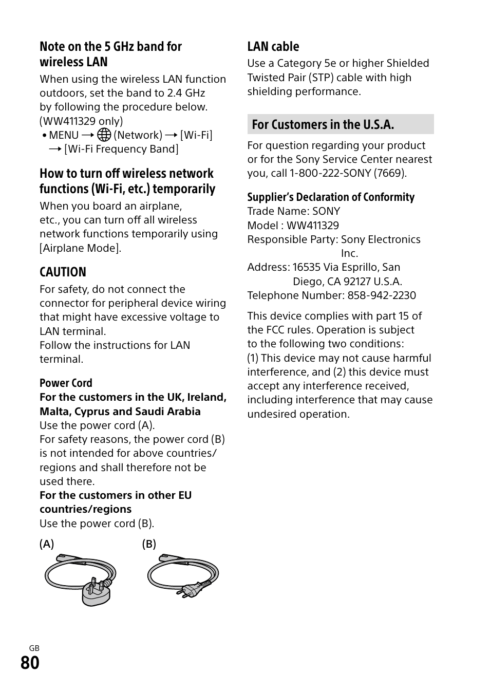 Caution, Lan cable, For customers in the u.s.a | Sony ECM-674 Shotgun Microphone User Manual | Page 80 / 96