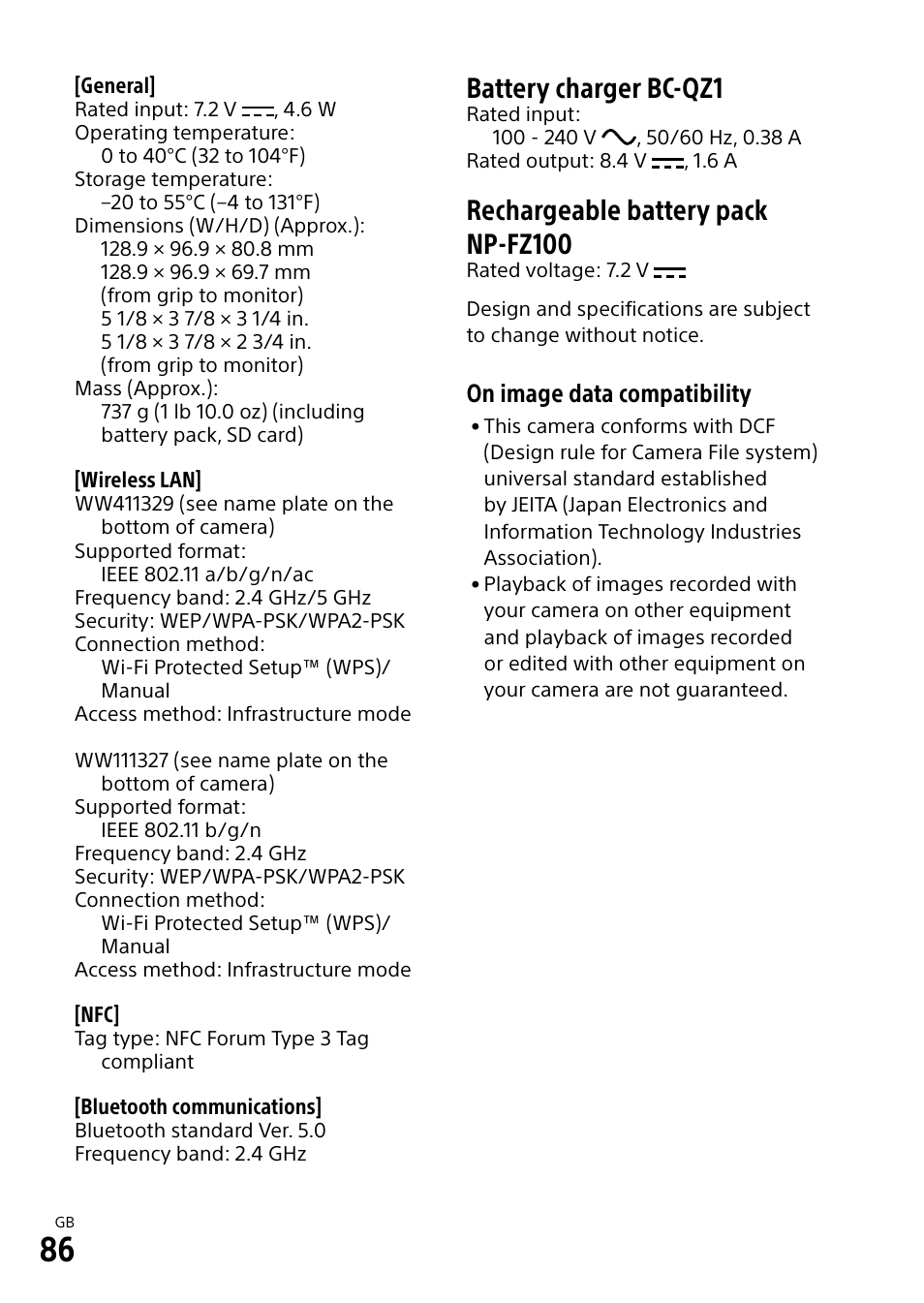 Battery charger bc-qz1, Rechargeable battery pack np-fz100, On image data compatibility | Sony ECM-674 Shotgun Microphone User Manual | Page 86 / 96