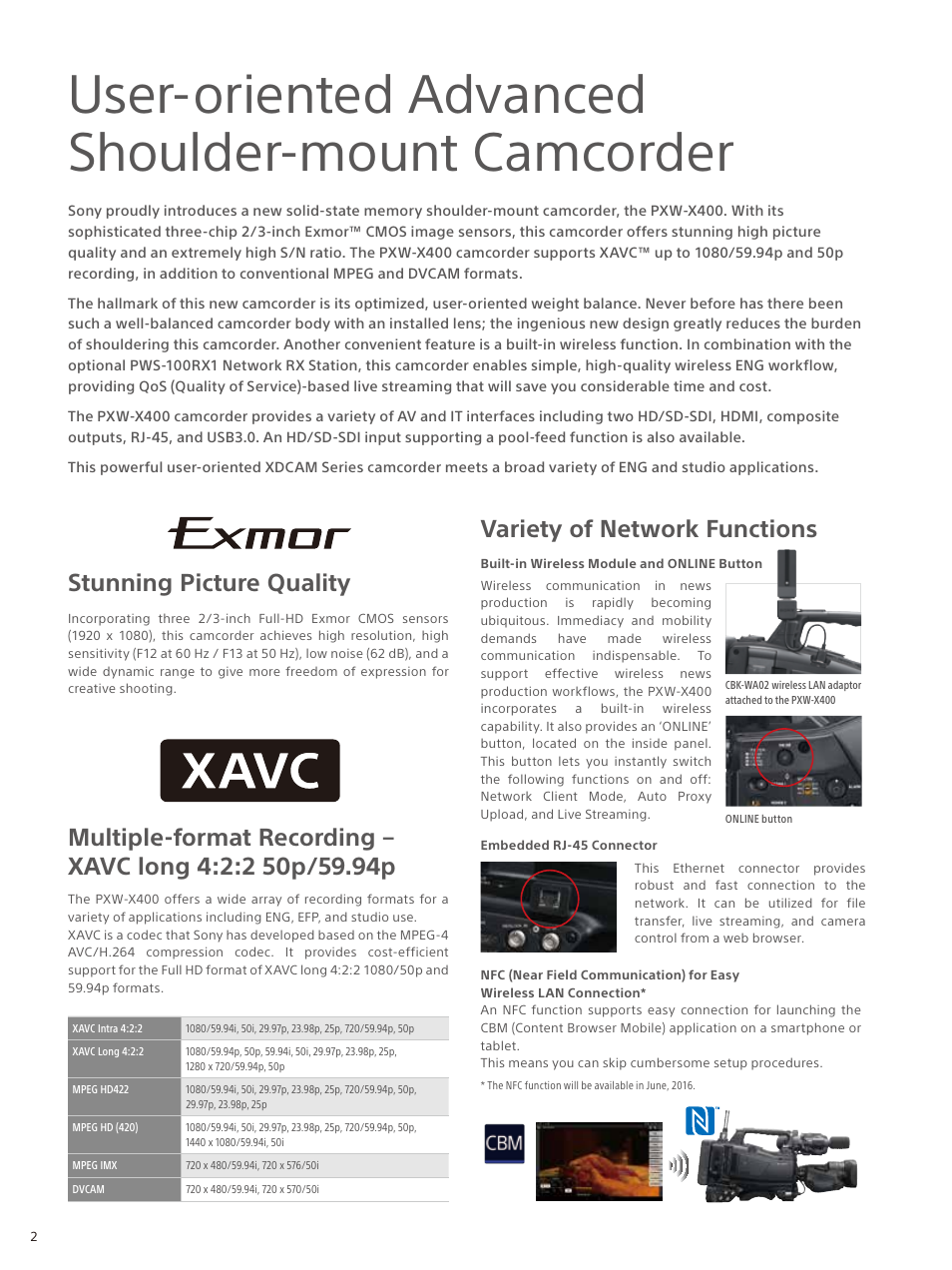 User-oriented advanced shoulder-mount camcorder, Variety of network functions, Stunning picture quality | Sony UWP-D26 Camera-Mount Wireless Combo Microphone System (UC14: 470 to 542 MHz) User Manual | Page 2 / 8