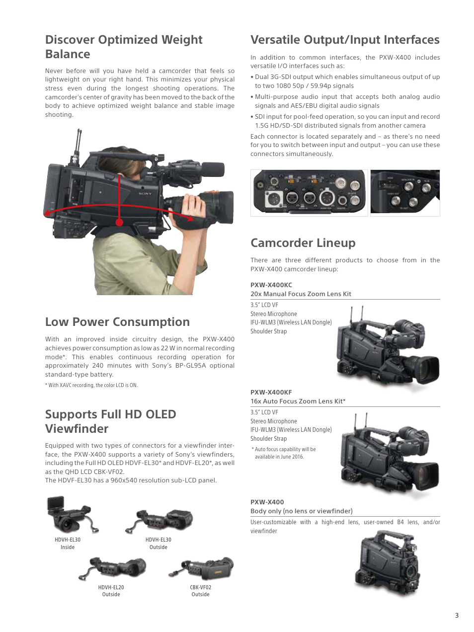 Discover optimized weight balance, Versatile output/input interfaces camcorder lineup, Supports full hd oled viewfinder | Low power consumption | Sony UWP-D26 Camera-Mount Wireless Combo Microphone System (UC14: 470 to 542 MHz) User Manual | Page 3 / 8