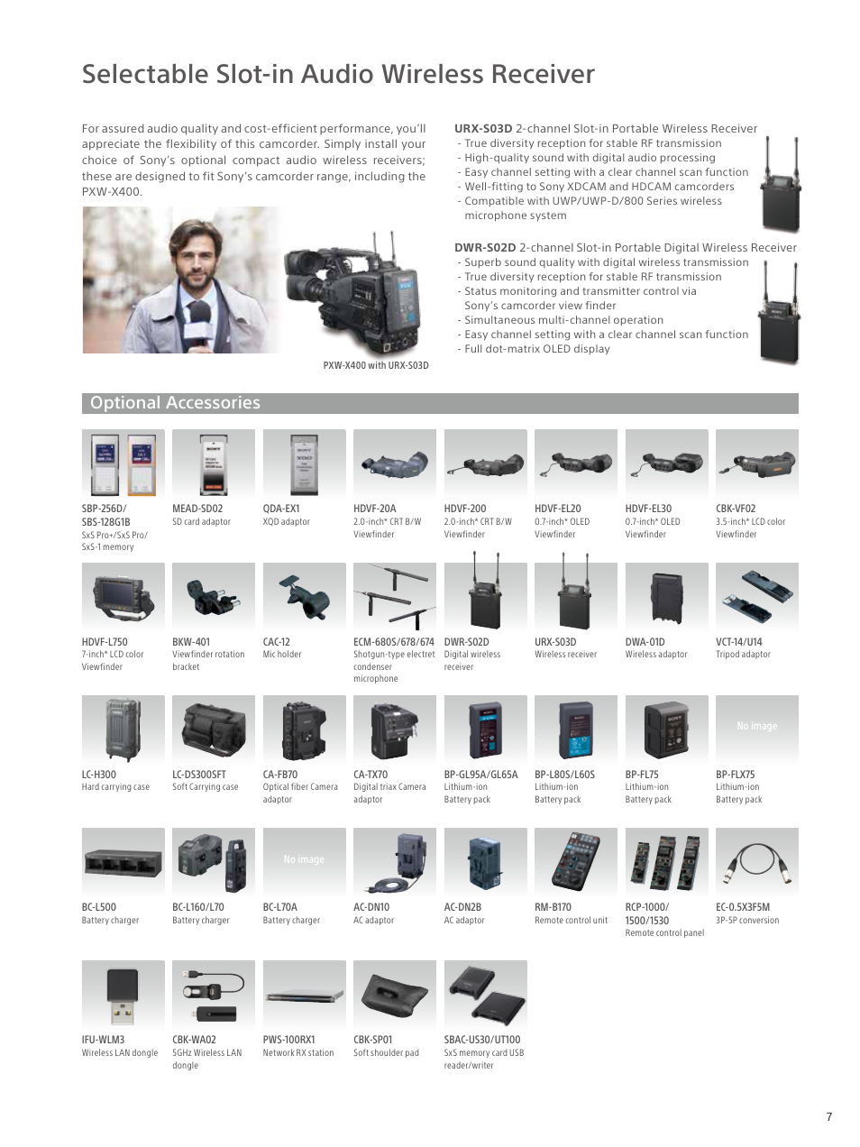 Selectable slot-in audio wireless receiver, Optional accessories | Sony UWP-D26 Camera-Mount Wireless Combo Microphone System (UC14: 470 to 542 MHz) User Manual | Page 7 / 8