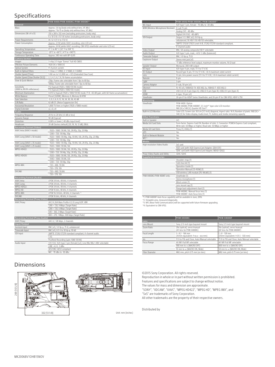 Dimensions, Specifications | Sony UWP-D26 Camera-Mount Wireless Combo Microphone System (UC14: 470 to 542 MHz) User Manual | Page 8 / 8
