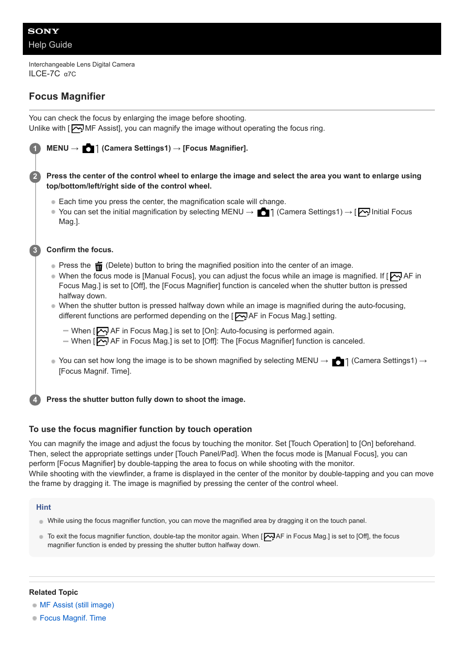 Focus magnifier | Sony UWP-D27 2-Person Camera-Mount Wireless Omni Lavalier Microphone System (UC90: 941 to 960 MHz) User Manual | Page 120 / 661