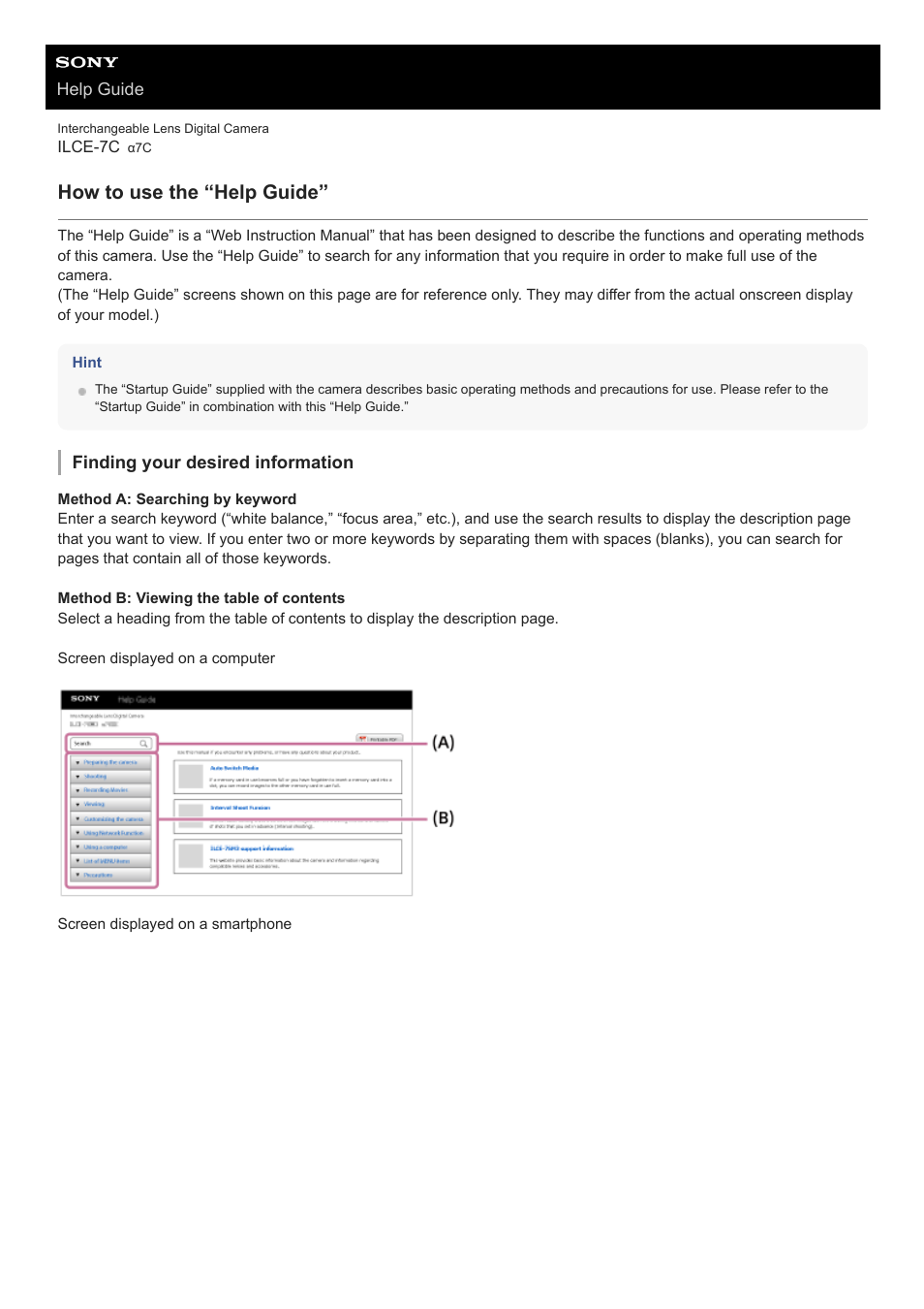 How to use the “help guide | Sony UWP-D27 2-Person Camera-Mount Wireless Omni Lavalier Microphone System (UC90: 941 to 960 MHz) User Manual | Page 21 / 661