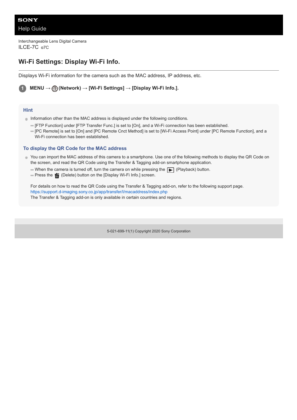 Wi-fi settings: display wi-fi info, Help guide | Sony UWP-D27 2-Person Camera-Mount Wireless Omni Lavalier Microphone System (UC90: 941 to 960 MHz) User Manual | Page 371 / 661