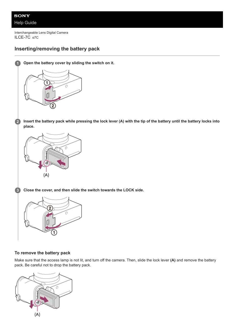 Inserting/removing the battery pack | Sony UWP-D27 2-Person Camera-Mount Wireless Omni Lavalier Microphone System (UC90: 941 to 960 MHz) User Manual | Page 56 / 661