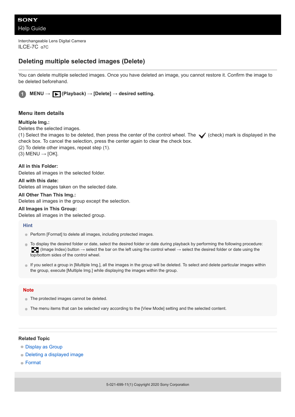 Deleting multiple selected images (delete) | Sony UWP-D27 2-Person Camera-Mount Wireless Omni Lavalier Microphone System (UC90: 941 to 960 MHz) User Manual | Page 563 / 661