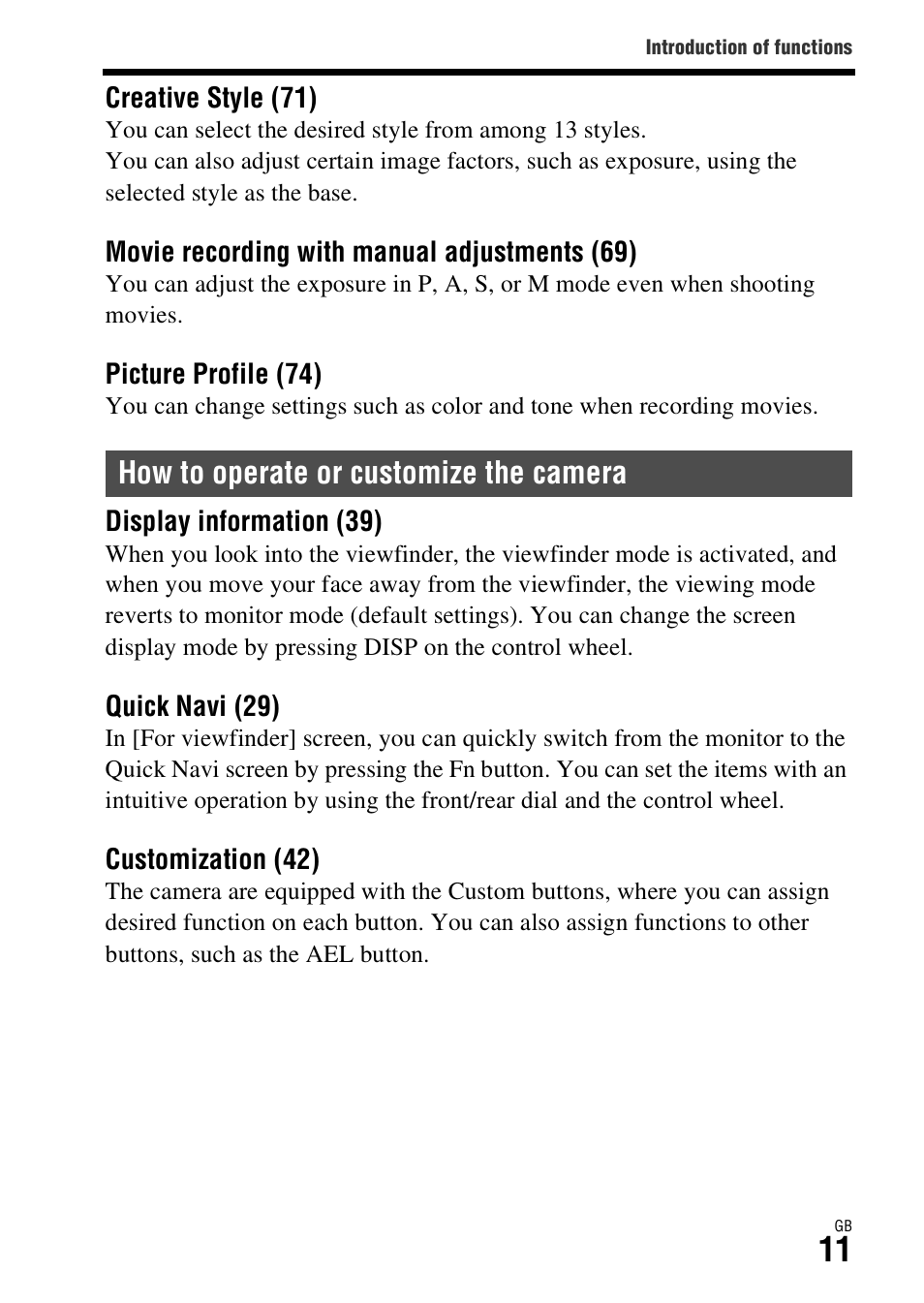 How to operate or customize the camera | Sony Battery Charger/AC Adapter for BP-U Batteries User Manual | Page 11 / 100