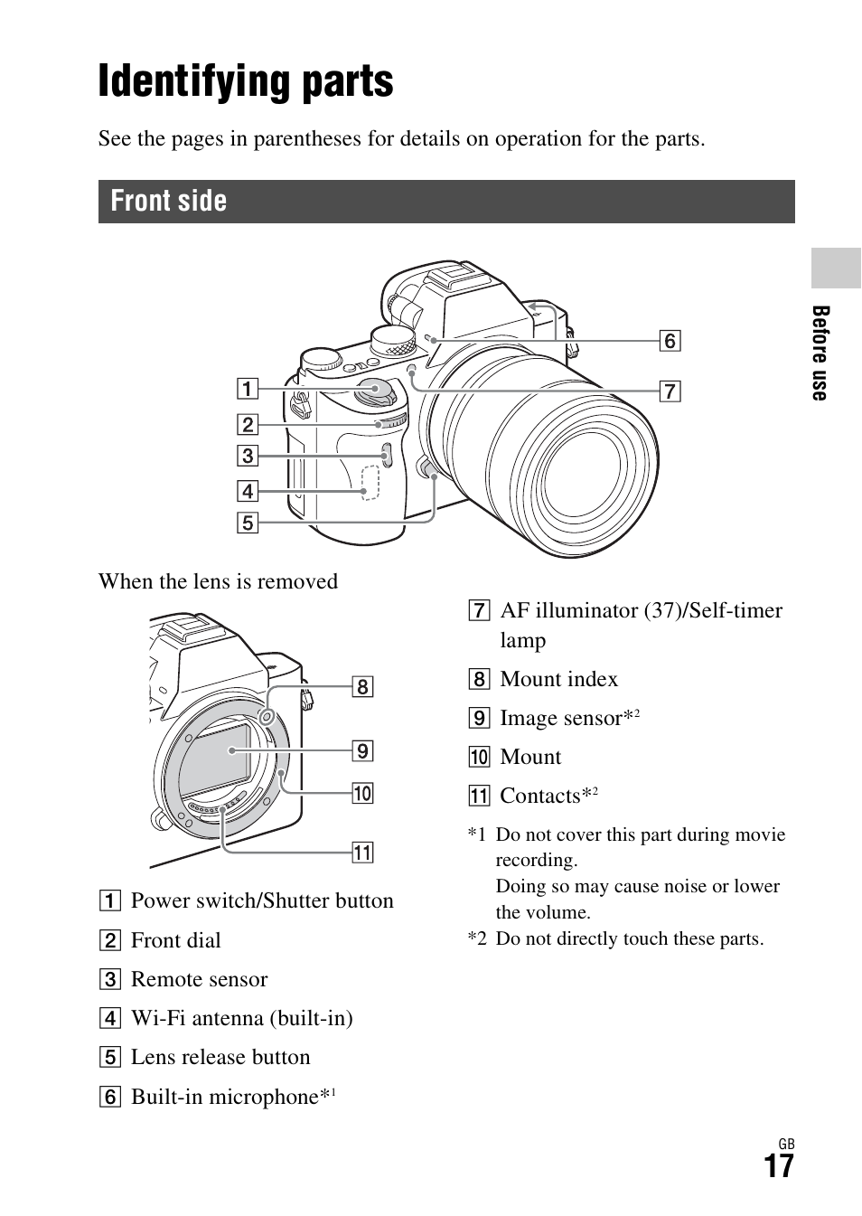 Identifying parts, Front side | Sony Battery Charger/AC Adapter for BP-U Batteries User Manual | Page 17 / 100