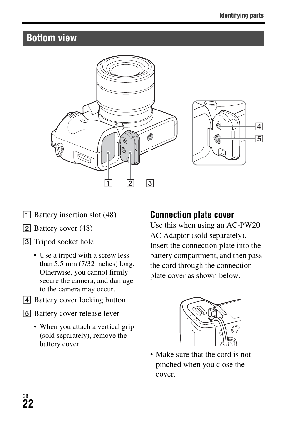 Bottom view, Connection plate cover | Sony Battery Charger/AC Adapter for BP-U Batteries User Manual | Page 22 / 100