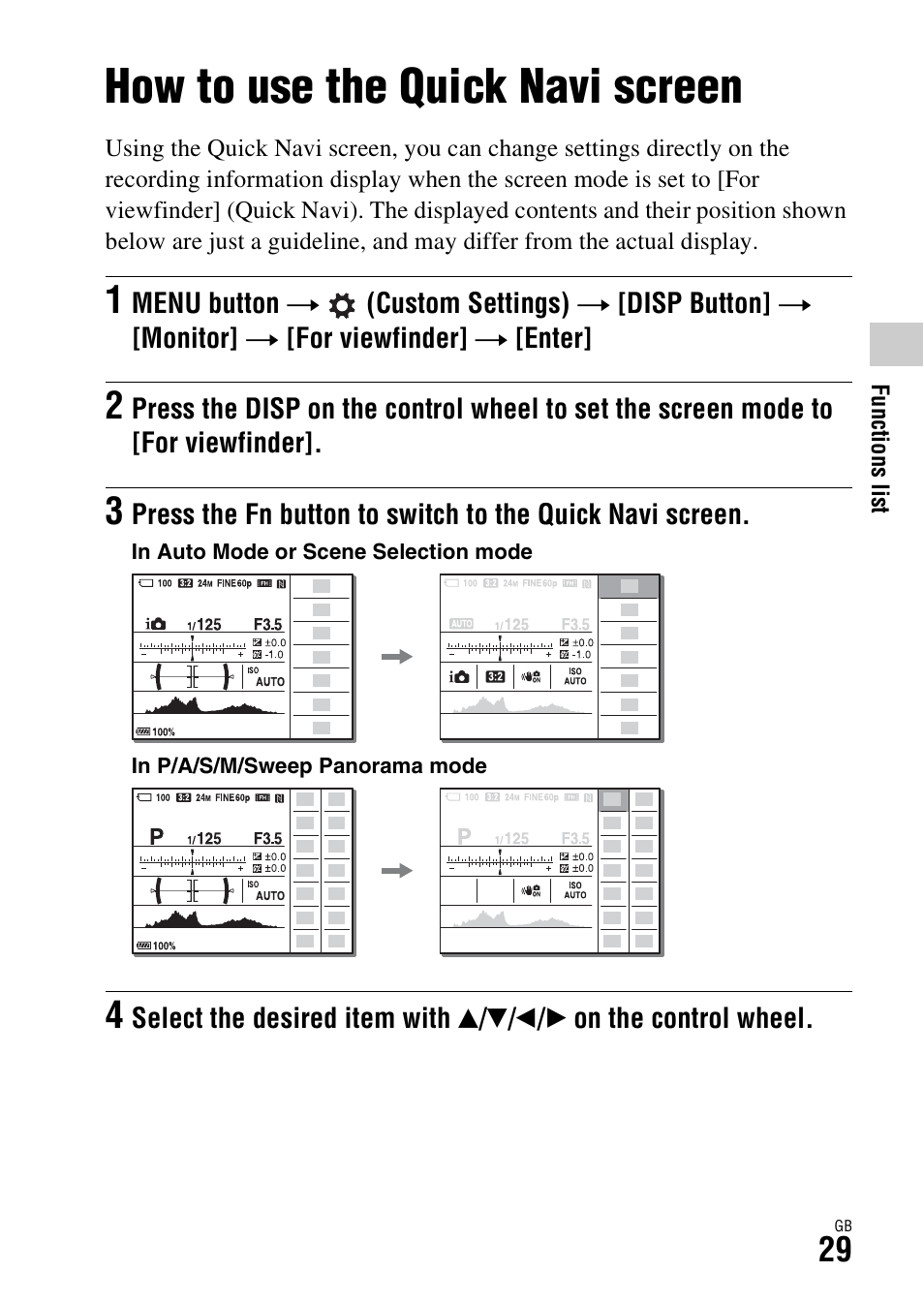 How to use the quick navi screen | Sony Battery Charger/AC Adapter for BP-U Batteries User Manual | Page 29 / 100