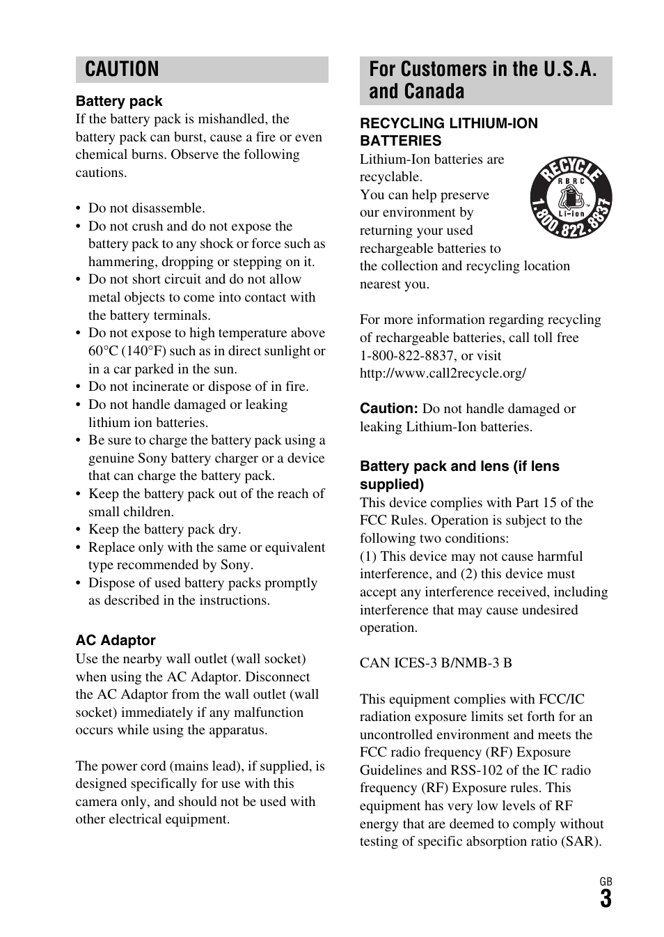 Caution for customers in the u.s.a. and canada | Sony Battery Charger/AC Adapter for BP-U Batteries User Manual | Page 3 / 100