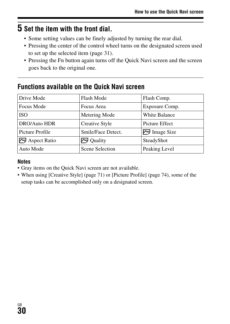 Functions available on the quick navi screen, Set the item with the front dial | Sony Battery Charger/AC Adapter for BP-U Batteries User Manual | Page 30 / 100