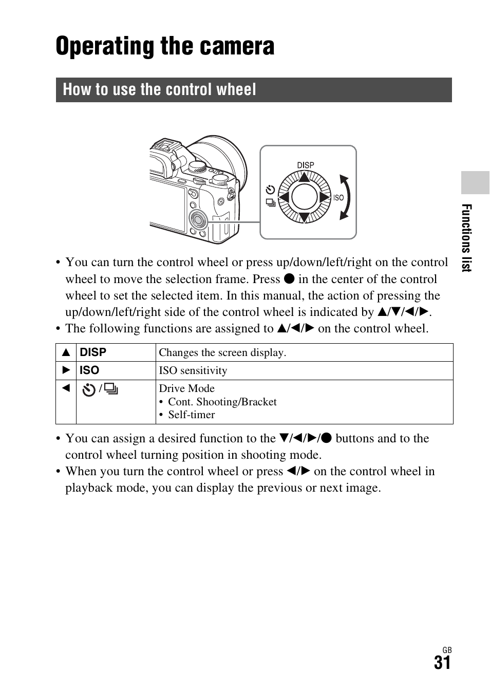 Operating the camera, How to use the control wheel | Sony Battery Charger/AC Adapter for BP-U Batteries User Manual | Page 31 / 100