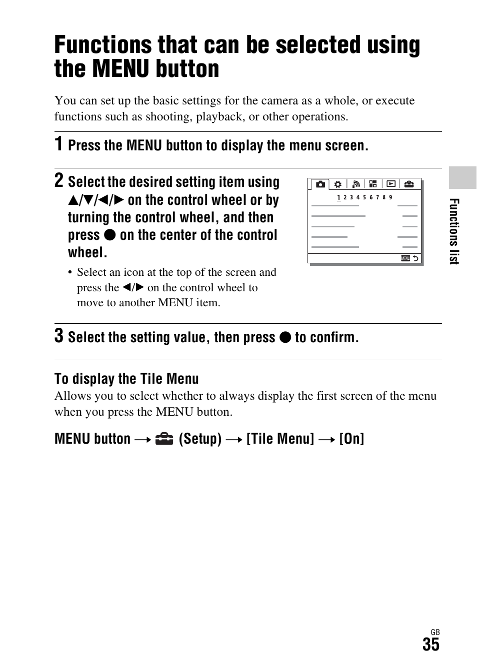 Functions that can be selected using the menu, Button, On (35) | Button (35) | Sony Battery Charger/AC Adapter for BP-U Batteries User Manual | Page 35 / 100