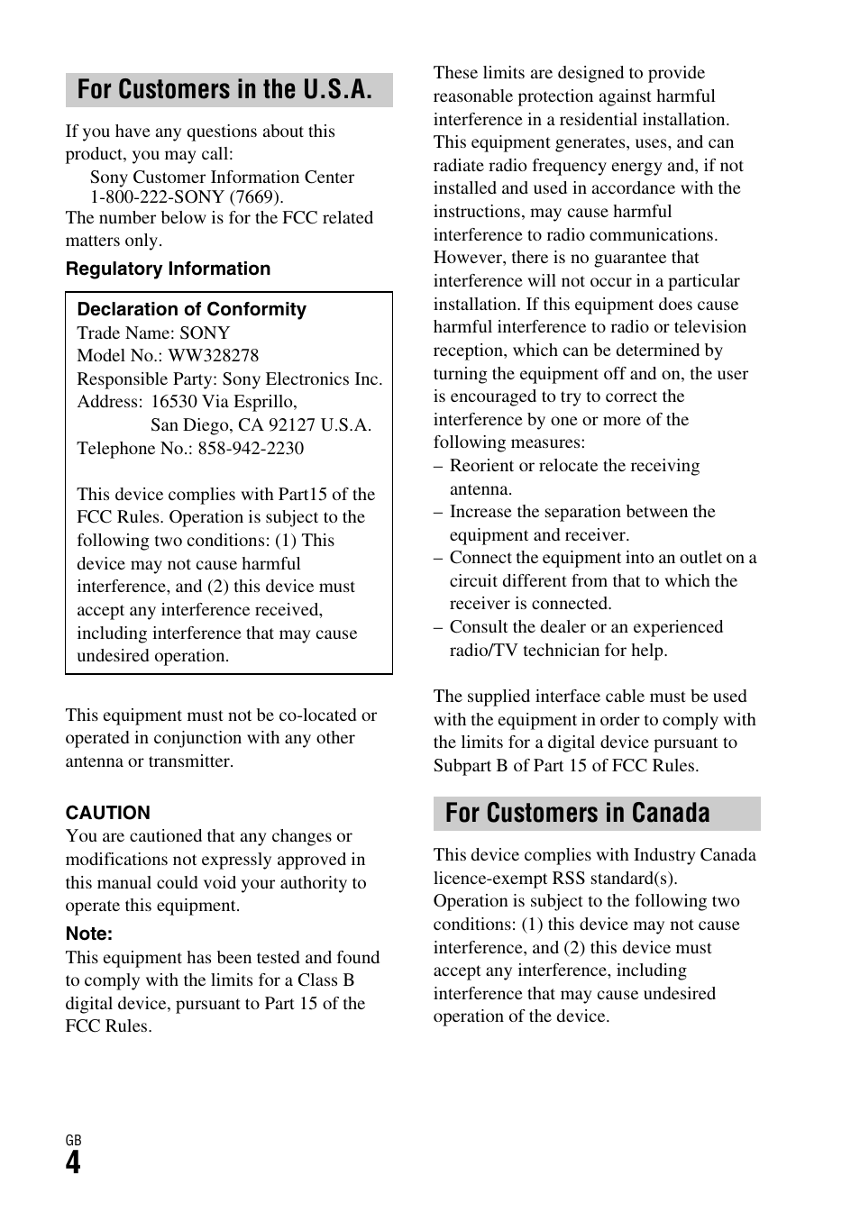 For customers in the u.s.a, For customers in canada | Sony Battery Charger/AC Adapter for BP-U Batteries User Manual | Page 4 / 100