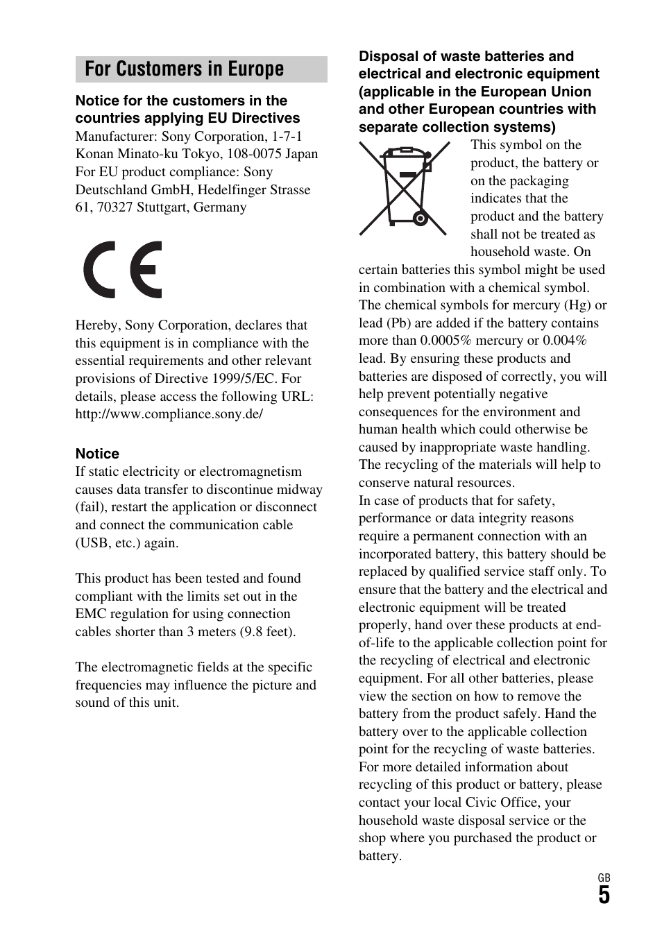 For customers in europe | Sony Battery Charger/AC Adapter for BP-U Batteries User Manual | Page 5 / 100