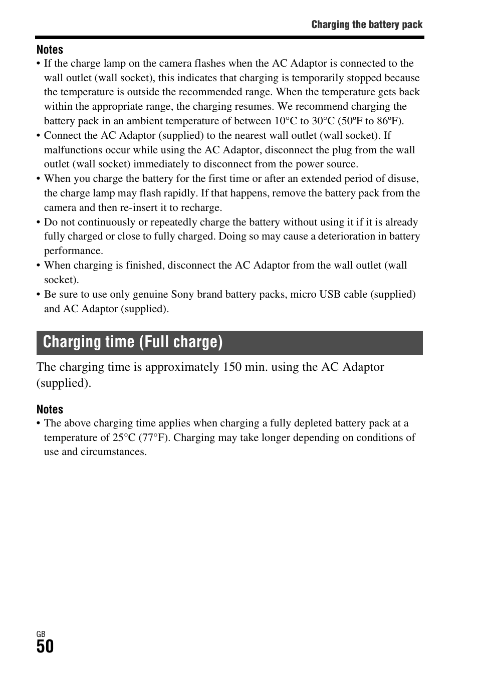 Charging time (full charge) | Sony Battery Charger/AC Adapter for BP-U Batteries User Manual | Page 50 / 100
