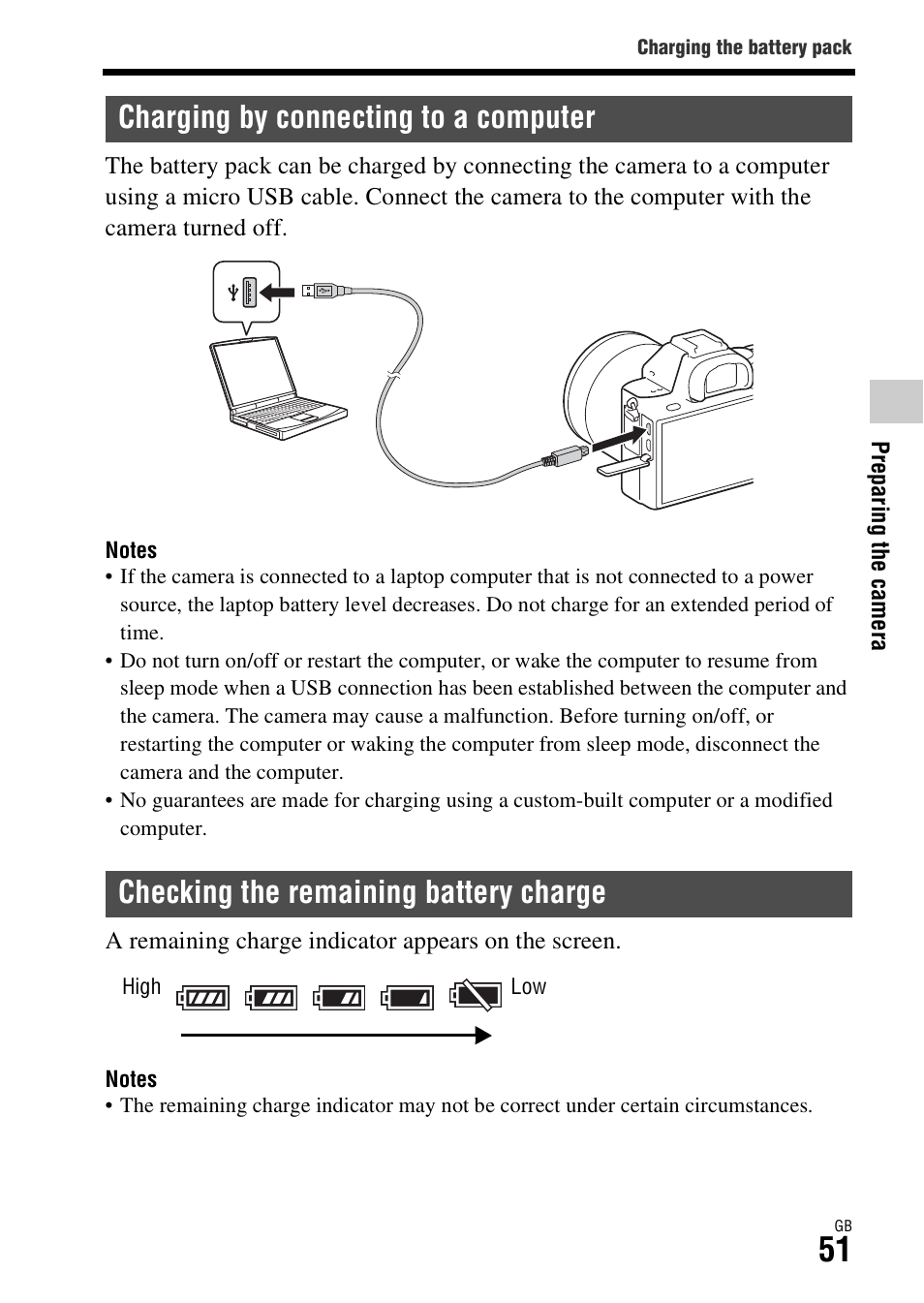 Charging by connecting to a computer, Checking the remaining battery charge | Sony Battery Charger/AC Adapter for BP-U Batteries User Manual | Page 51 / 100