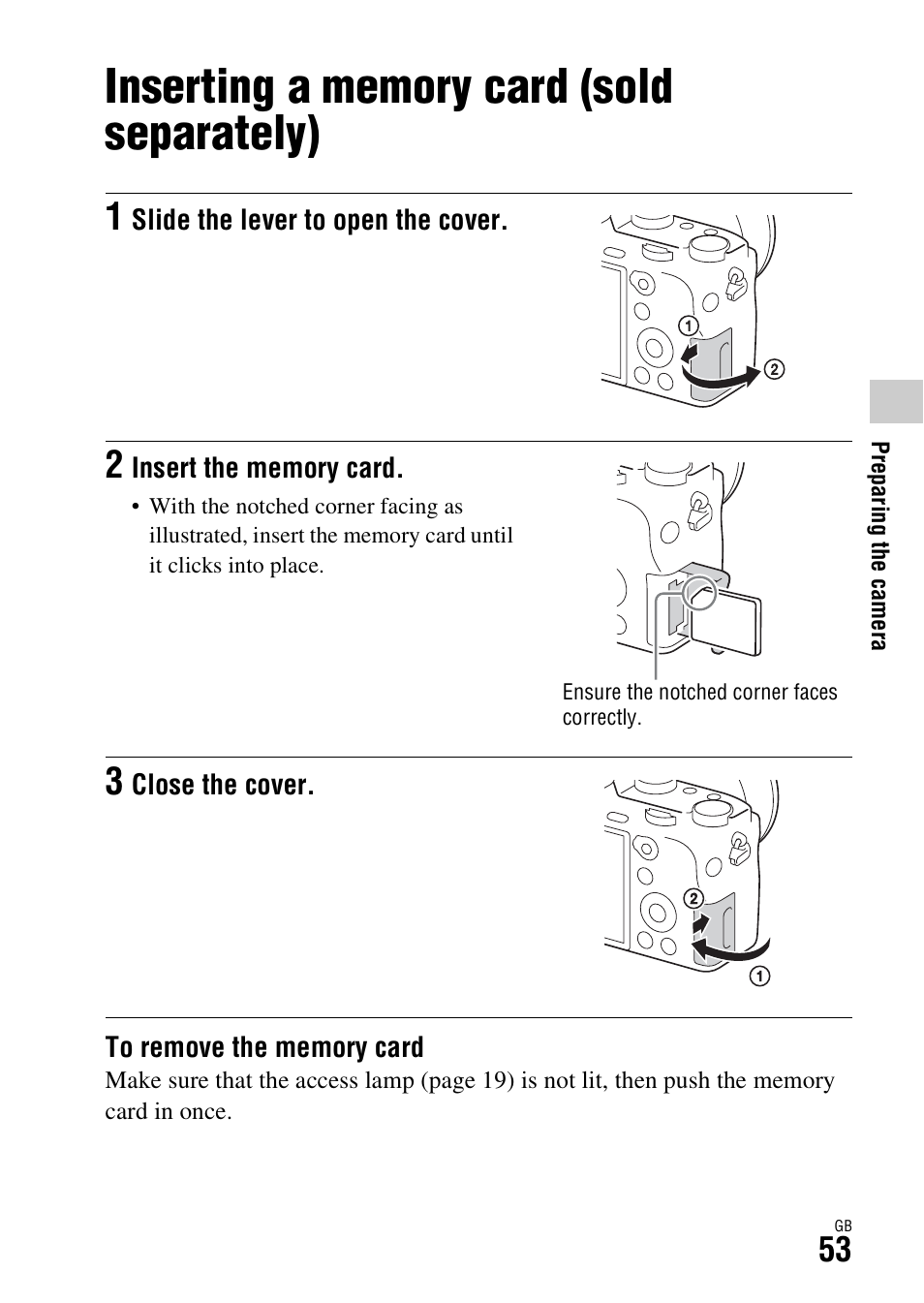 Inserting a memory card (sold separately) | Sony Battery Charger/AC Adapter for BP-U Batteries User Manual | Page 53 / 100