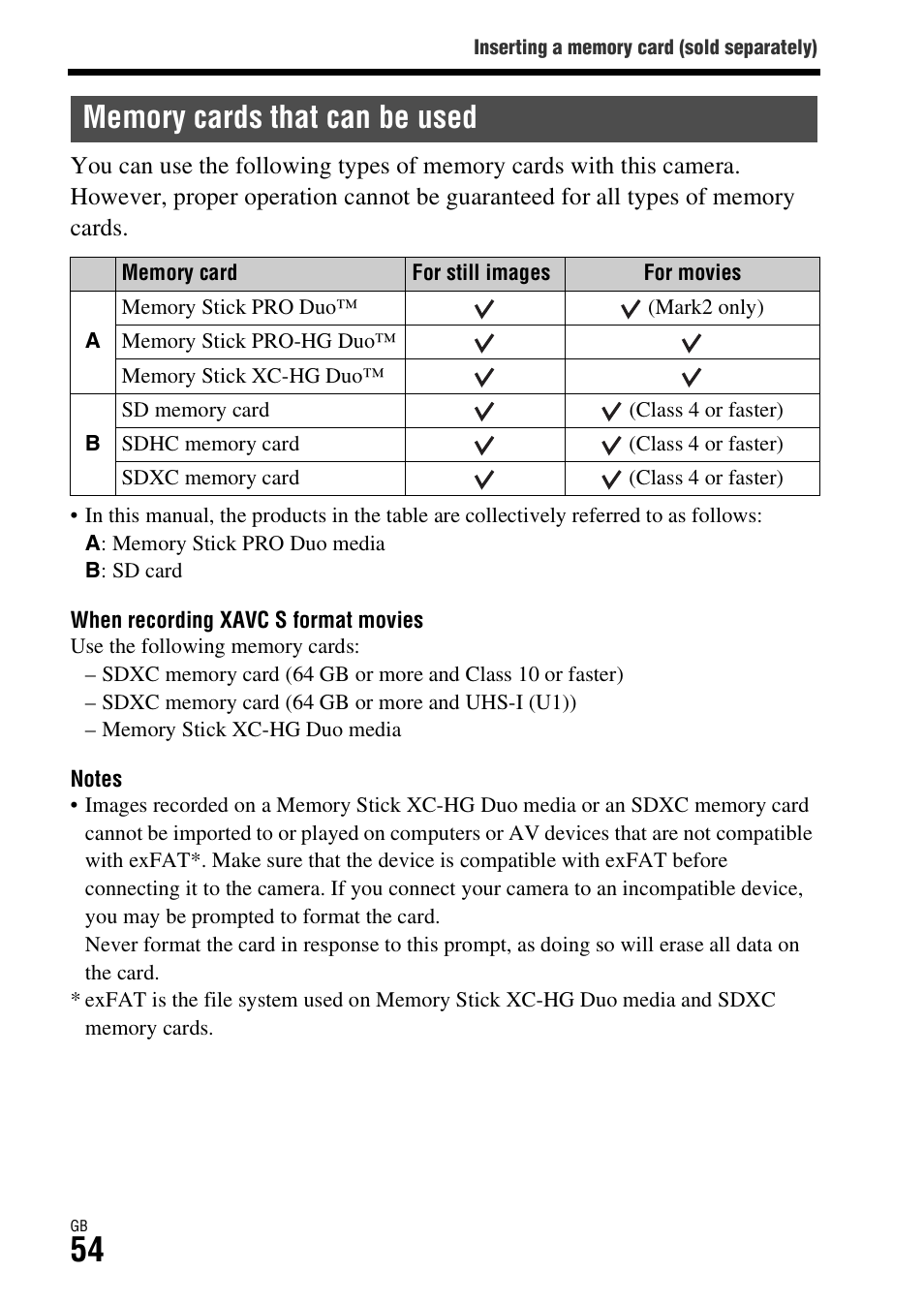 Memory cards that can be used | Sony Battery Charger/AC Adapter for BP-U Batteries User Manual | Page 54 / 100