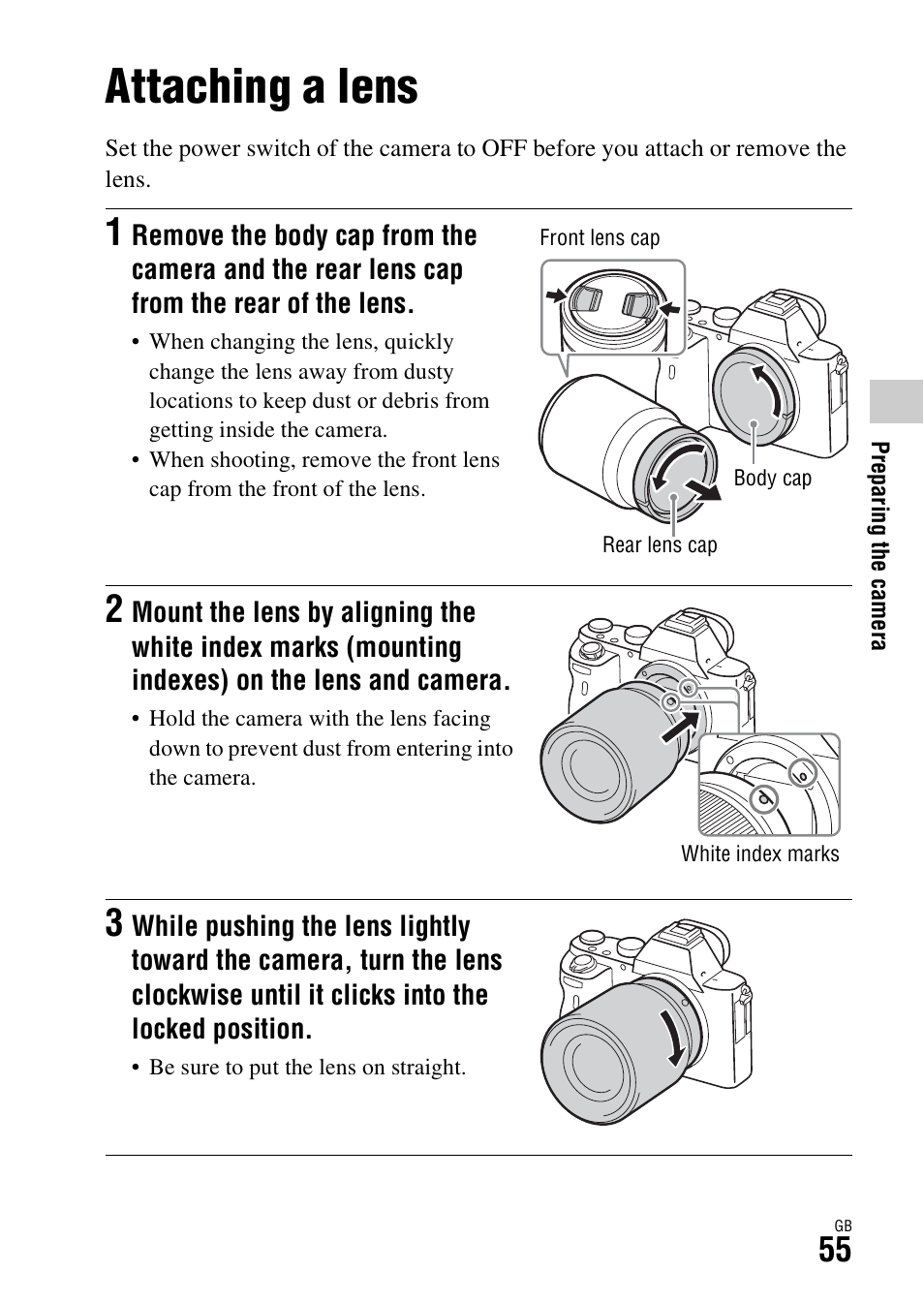 Attaching a lens | Sony Battery Charger/AC Adapter for BP-U Batteries User Manual | Page 55 / 100