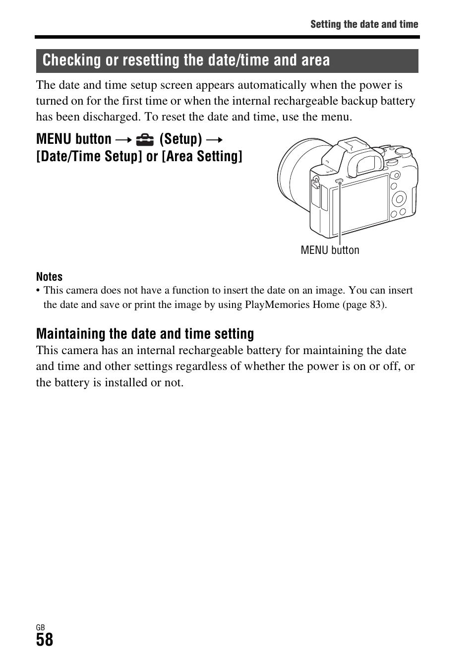 Checking or resetting the date/time and area | Sony Battery Charger/AC Adapter for BP-U Batteries User Manual | Page 58 / 100