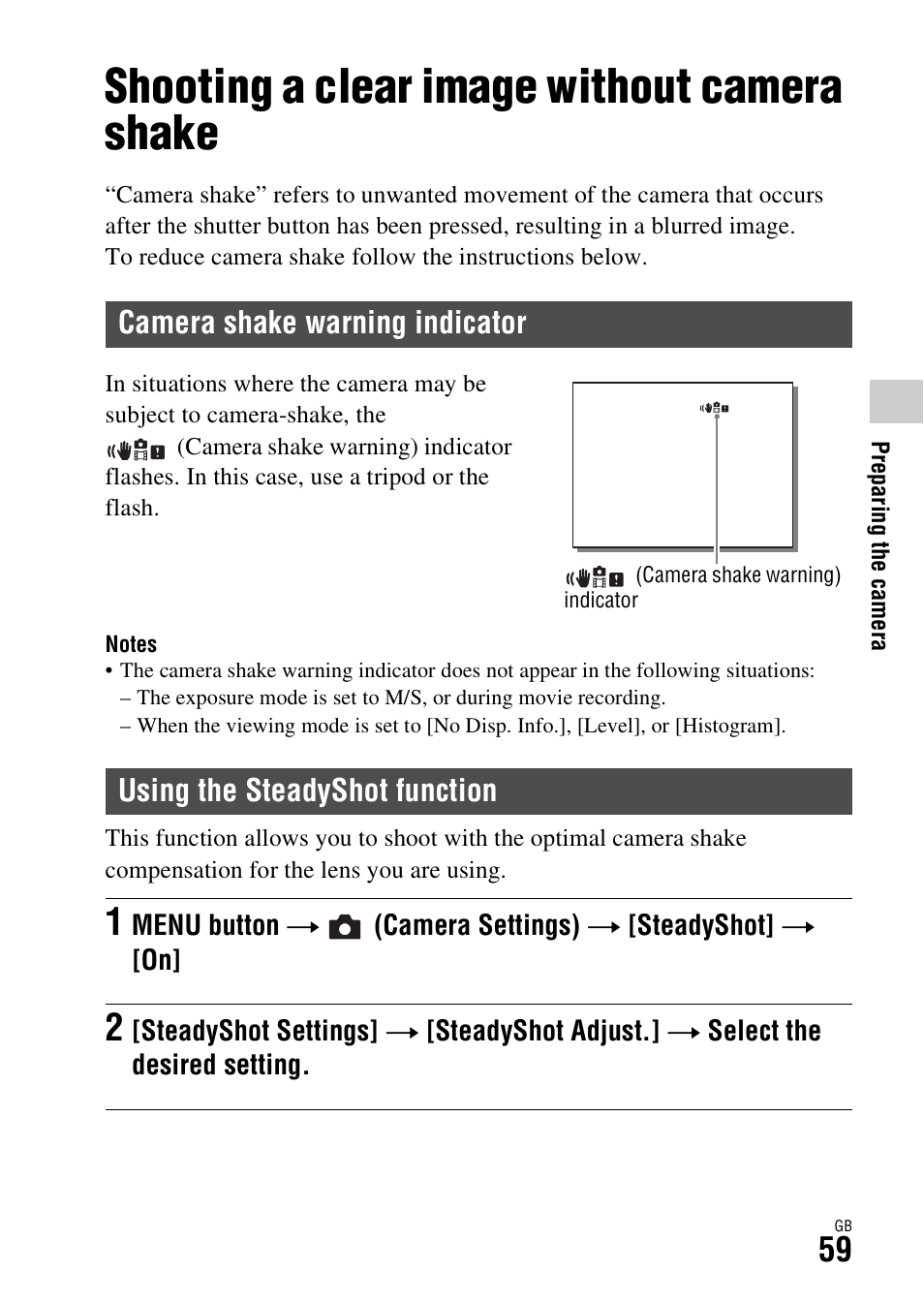 Shooting a clear image without camera shake, Camera shake warning indicator, Using the steadyshot function | Ing (59) | Sony Battery Charger/AC Adapter for BP-U Batteries User Manual | Page 59 / 100
