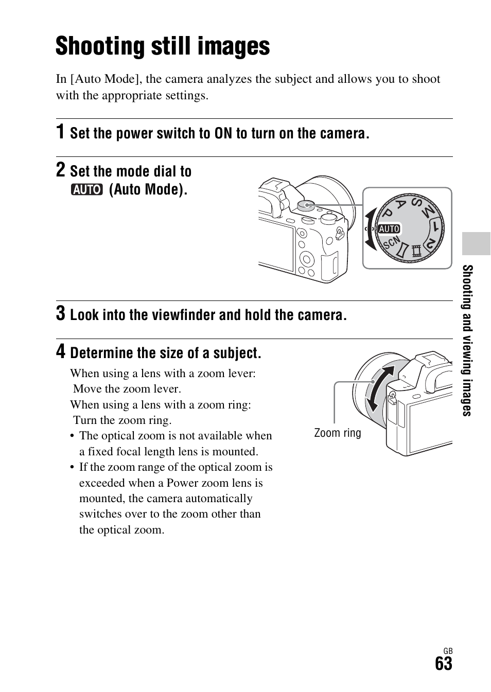 Shooting and viewing images, Shooting still images | Sony Battery Charger/AC Adapter for BP-U Batteries User Manual | Page 63 / 100