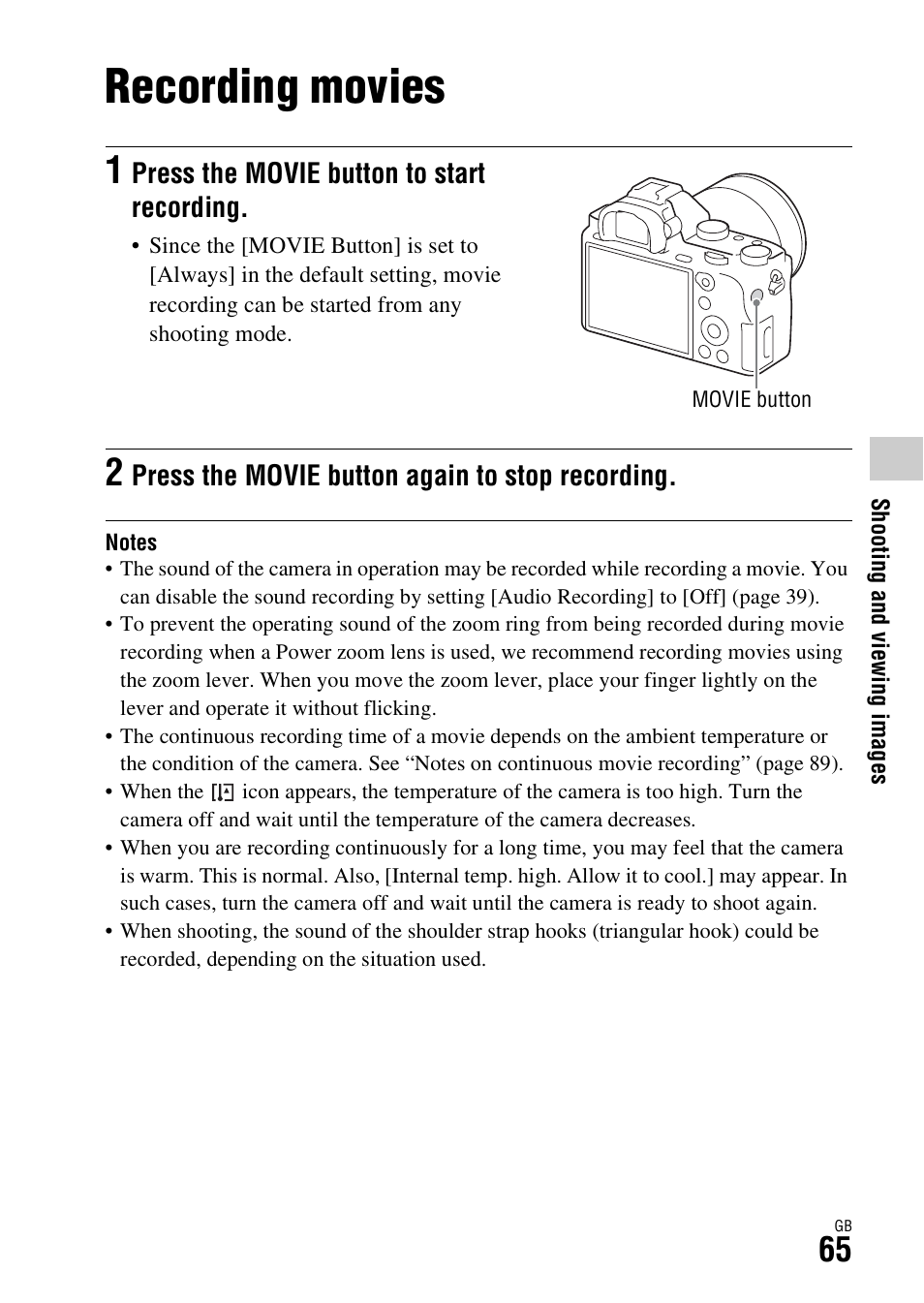 Recording movies, N (65), E button (65) | Press the movie button to start recording, Press the movie button again to stop recording | Sony Battery Charger/AC Adapter for BP-U Batteries User Manual | Page 65 / 100