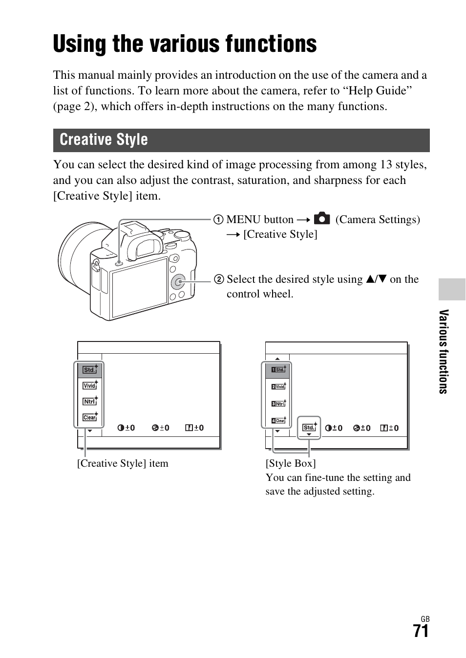 Various functions, Using the various functions, Creative style | E (71) | Sony Battery Charger/AC Adapter for BP-U Batteries User Manual | Page 71 / 100