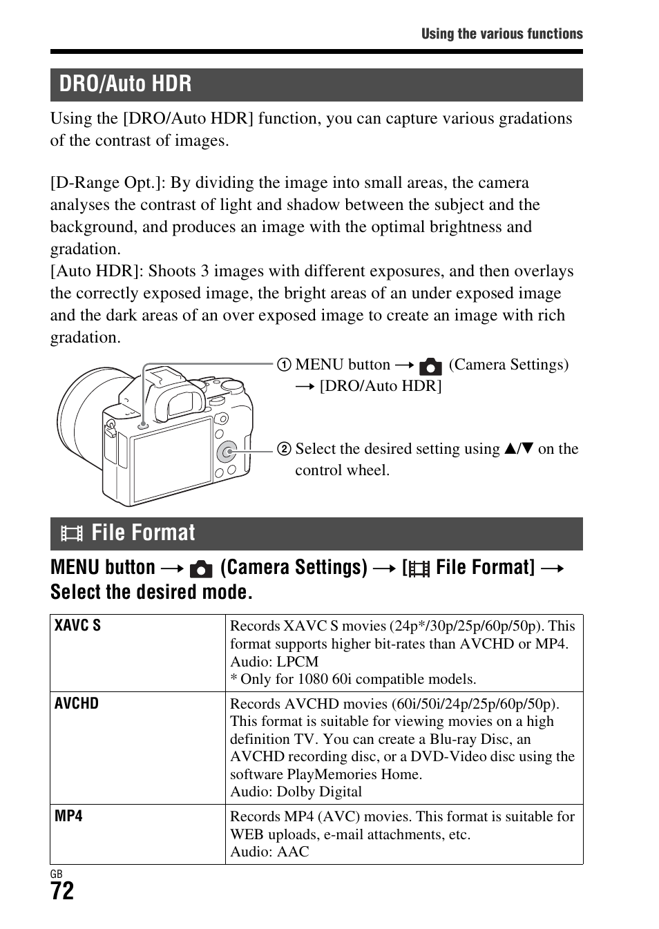 Dro/auto hdr, File format, R (72) | Auto hdr (72), Dro/auto hdr file format | Sony Battery Charger/AC Adapter for BP-U Batteries User Manual | Page 72 / 100
