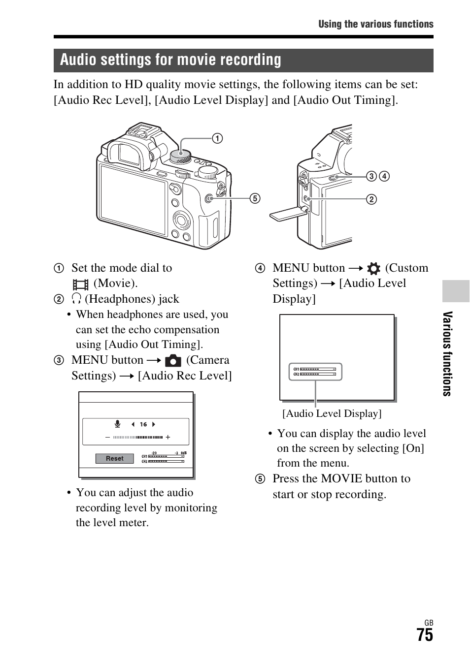 Audio settings for movie recording | Sony Battery Charger/AC Adapter for BP-U Batteries User Manual | Page 75 / 100