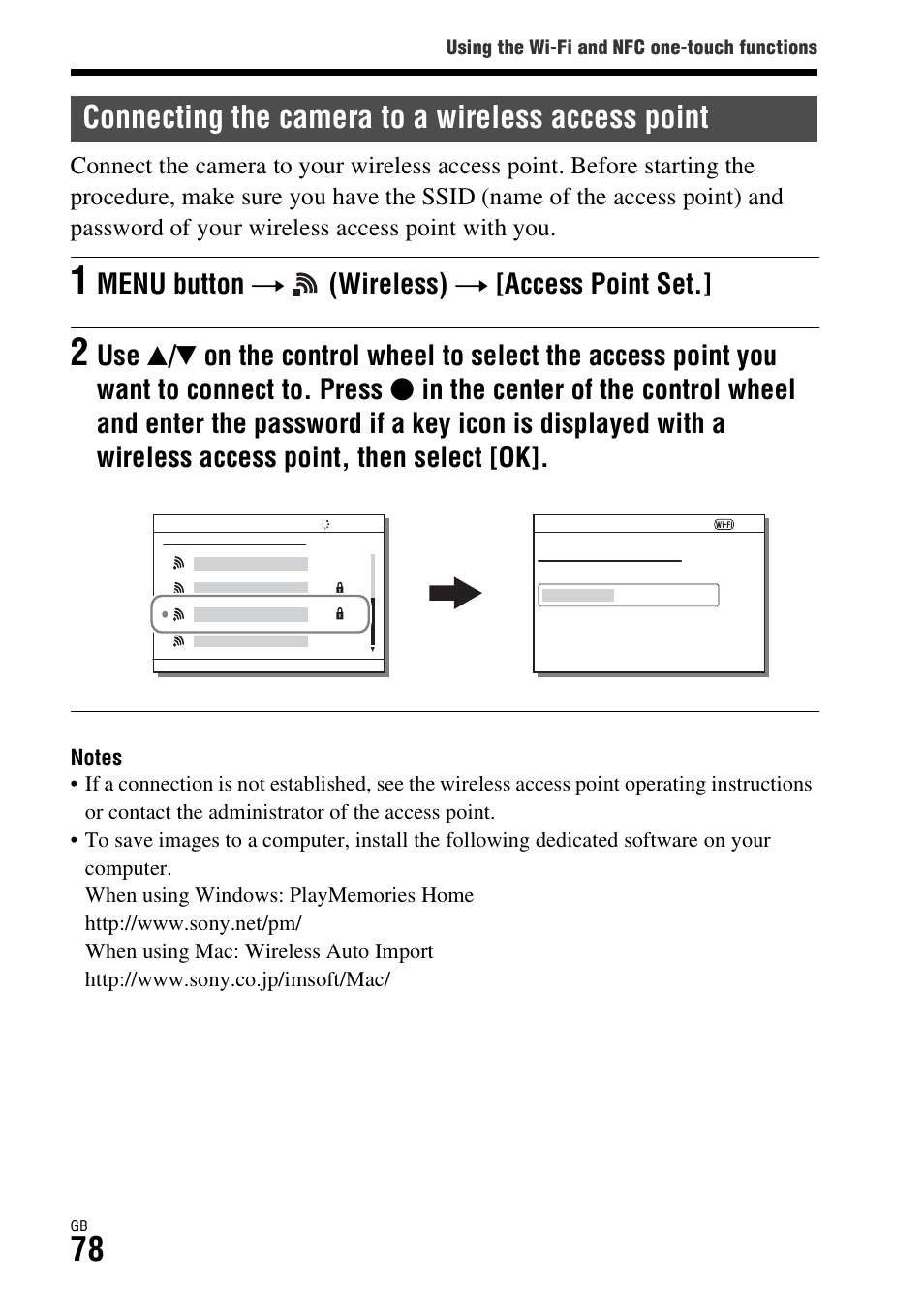 Connecting the camera to a wireless access point | Sony Battery Charger/AC Adapter for BP-U Batteries User Manual | Page 78 / 100