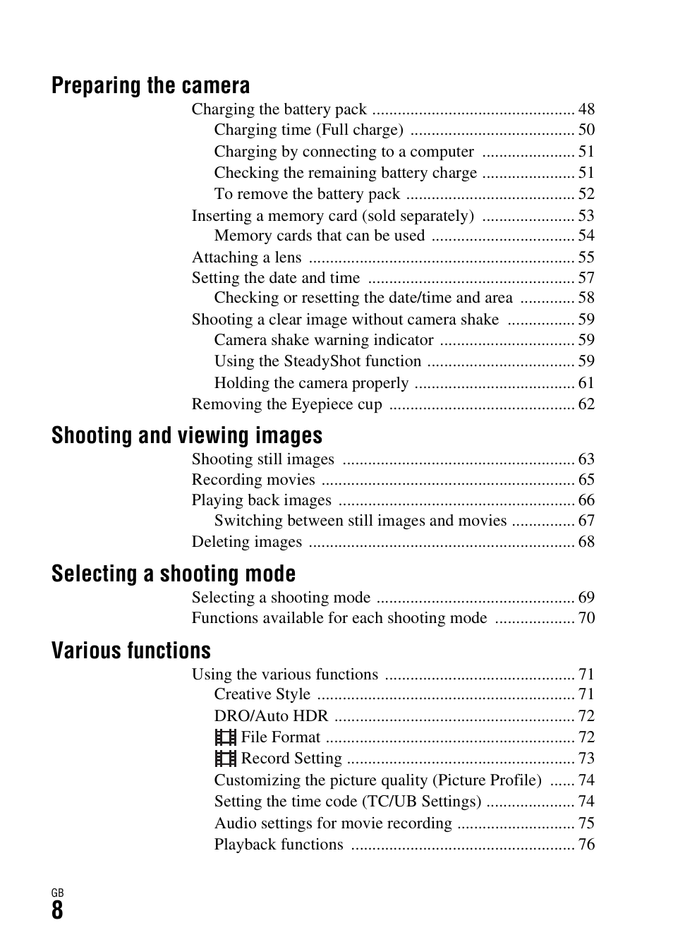 Preparing the camera, Shooting and viewing images, Selecting a shooting mode | Various functions | Sony Battery Charger/AC Adapter for BP-U Batteries User Manual | Page 8 / 100