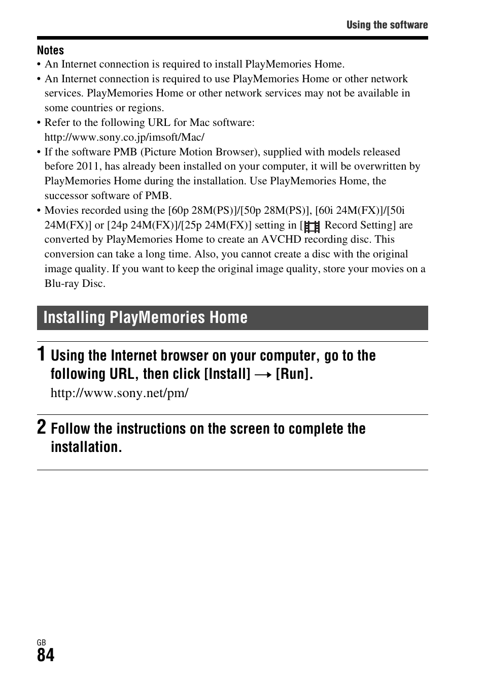 Installing playmemories home | Sony Battery Charger/AC Adapter for BP-U Batteries User Manual | Page 84 / 100