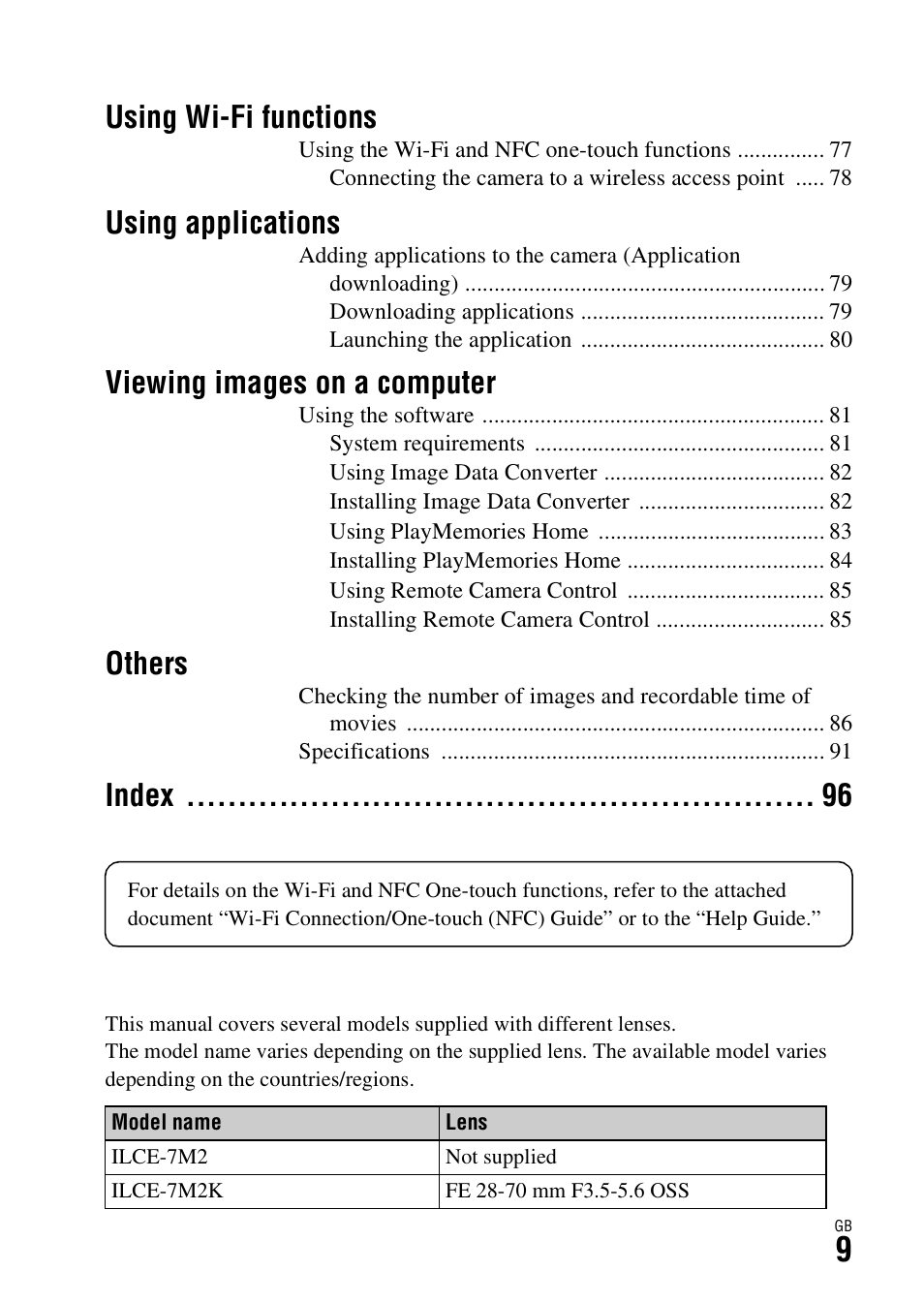 Using wi-fi functions, Using applications, Viewing images on a computer | Others, Index | Sony Battery Charger/AC Adapter for BP-U Batteries User Manual | Page 9 / 100