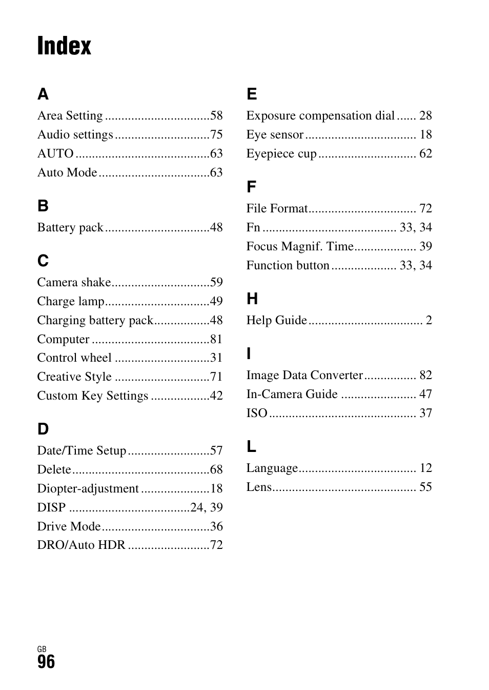 Index | Sony Battery Charger/AC Adapter for BP-U Batteries User Manual | Page 96 / 100